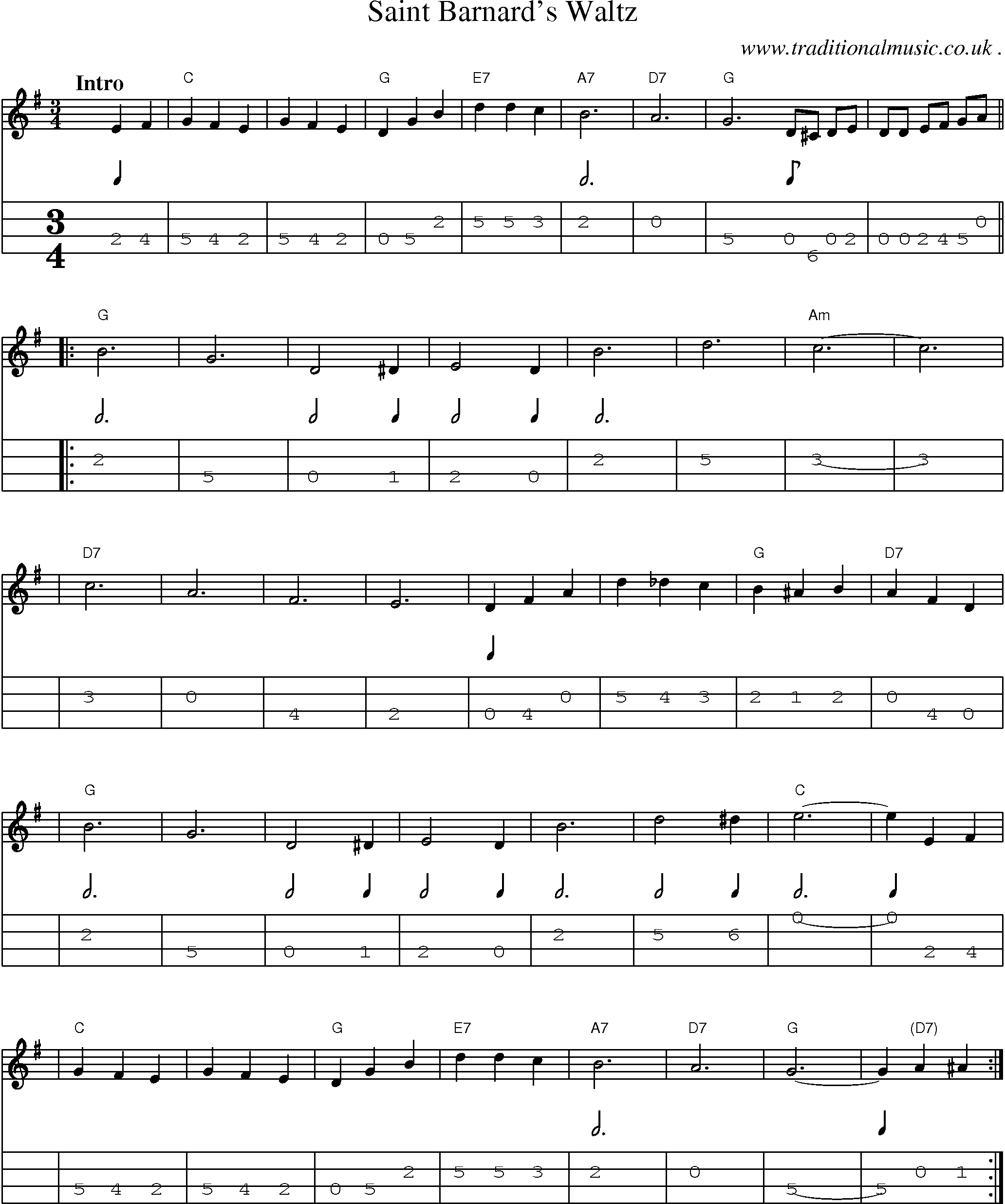 Sheet-music  score, Chords and Mandolin Tabs for Saint Barnards Waltz