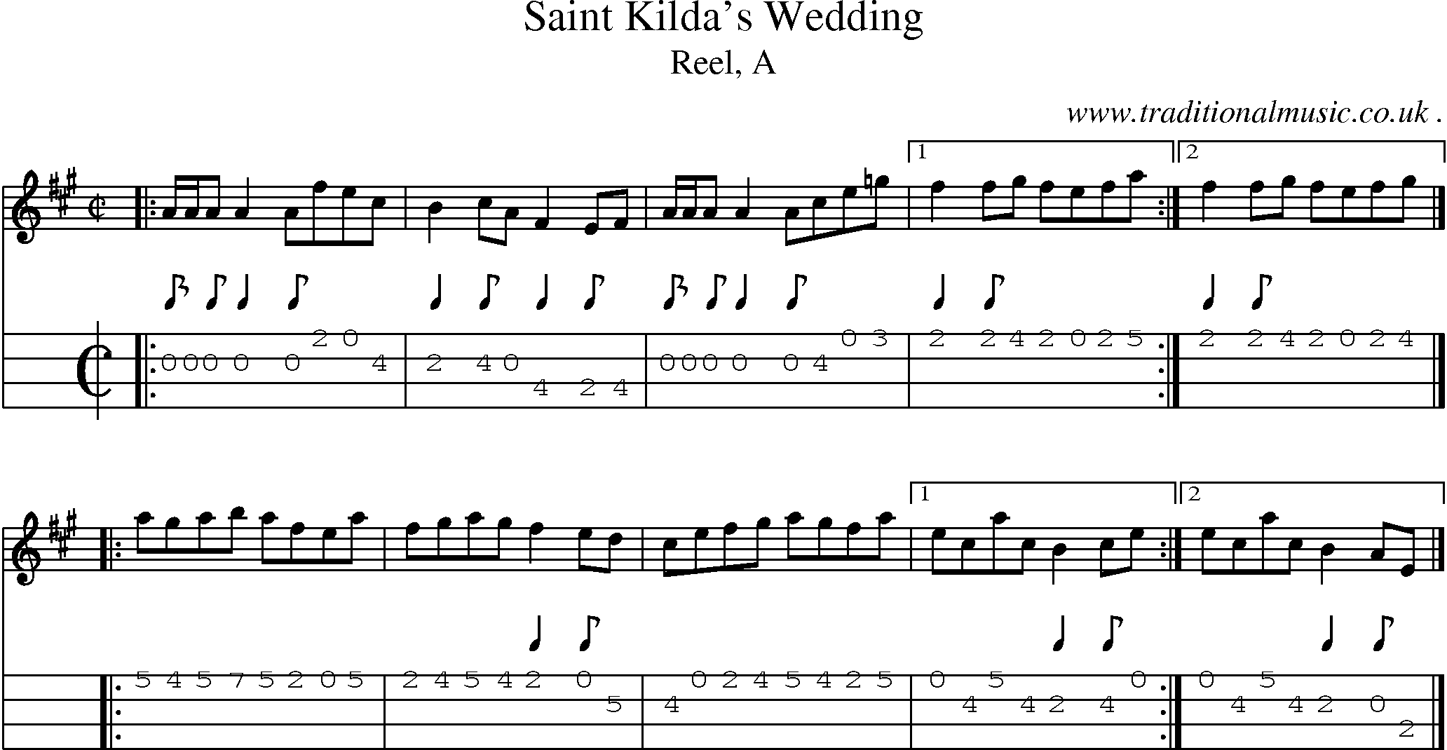 Sheet-music  score, Chords and Mandolin Tabs for Saint Kildas Wedding