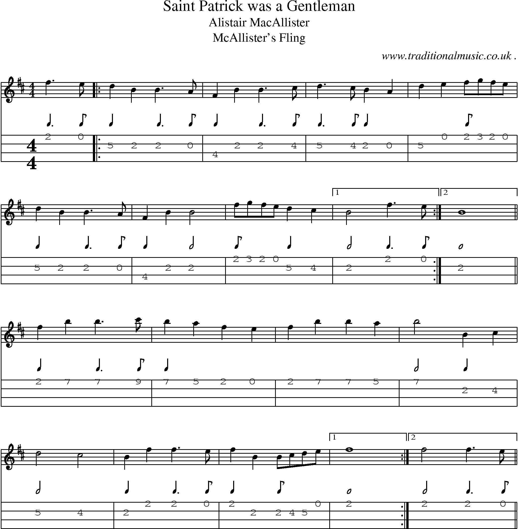 Sheet-music  score, Chords and Mandolin Tabs for Saint Patrick Was A Gentleman