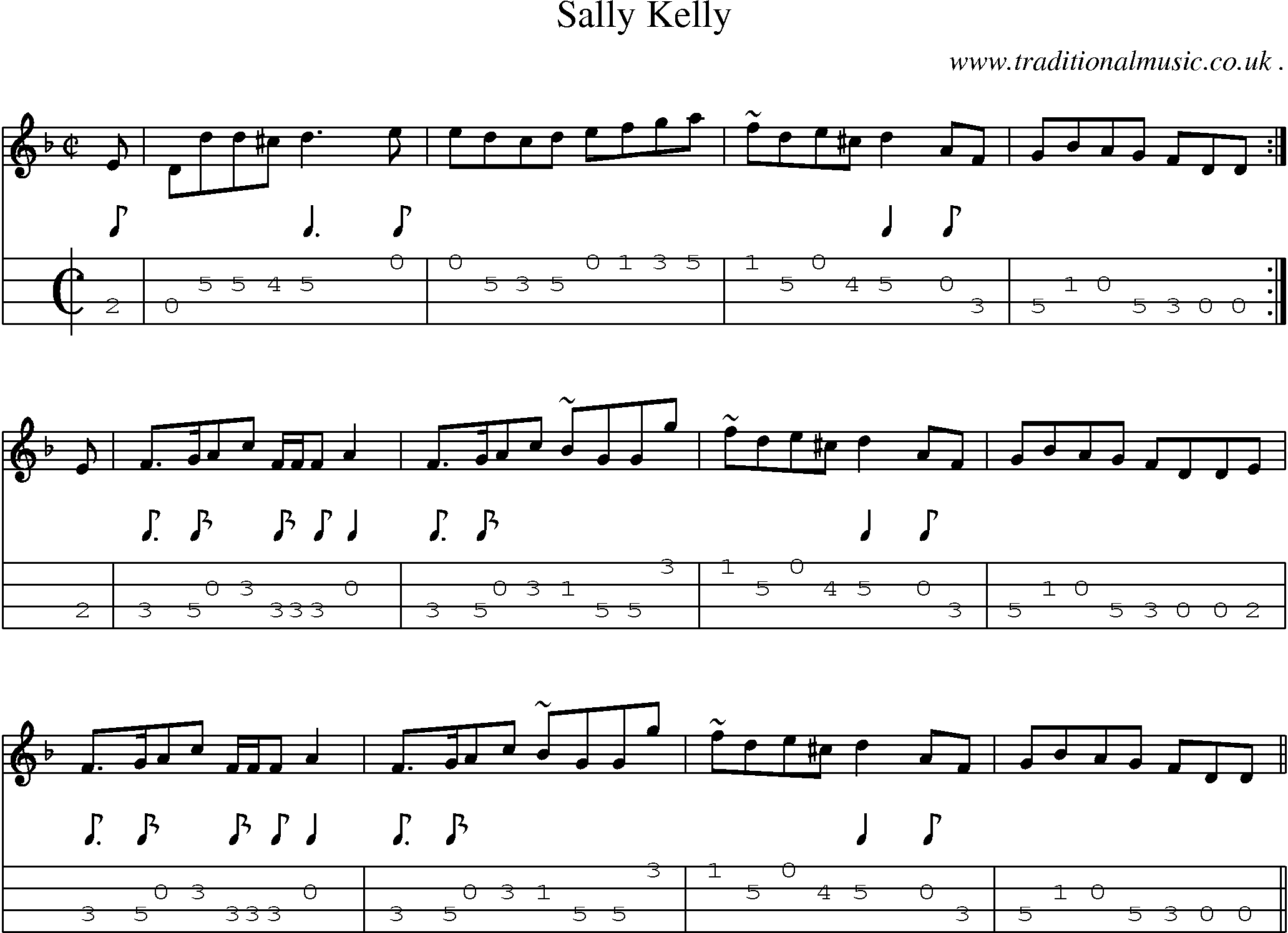 Sheet-music  score, Chords and Mandolin Tabs for Sally Kelly