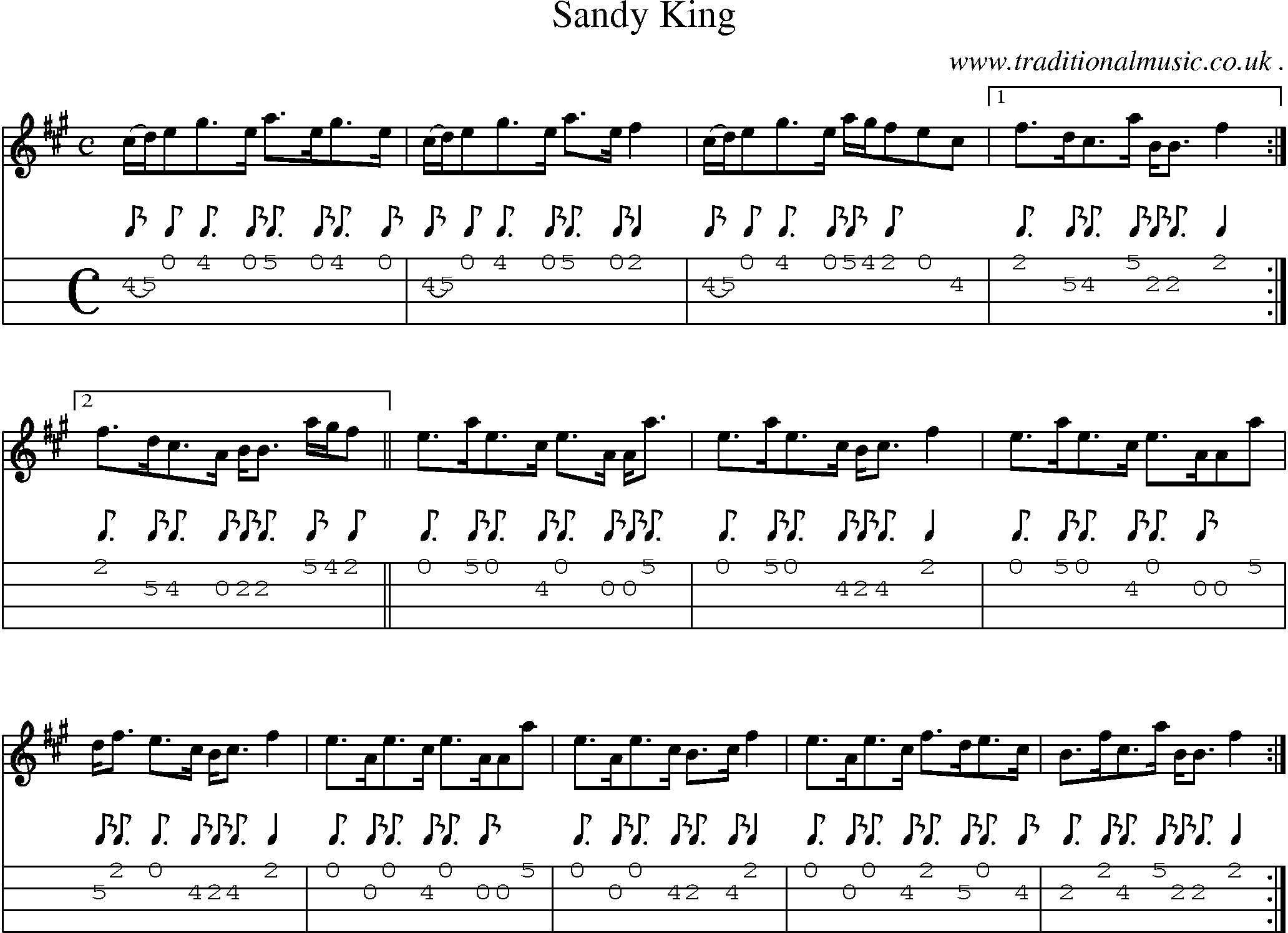 Sheet-music  score, Chords and Mandolin Tabs for Sandy King