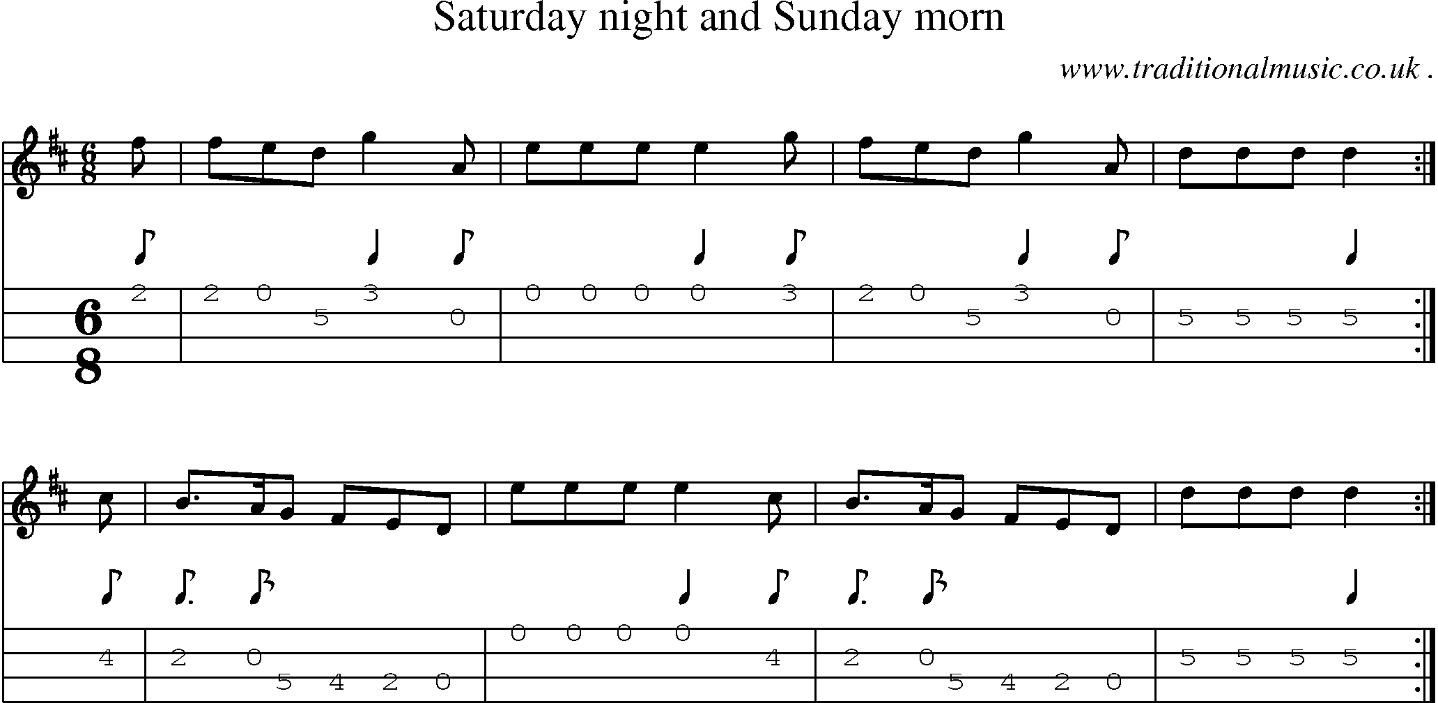 Sheet-music  score, Chords and Mandolin Tabs for Saturday Night And Sunday Morn