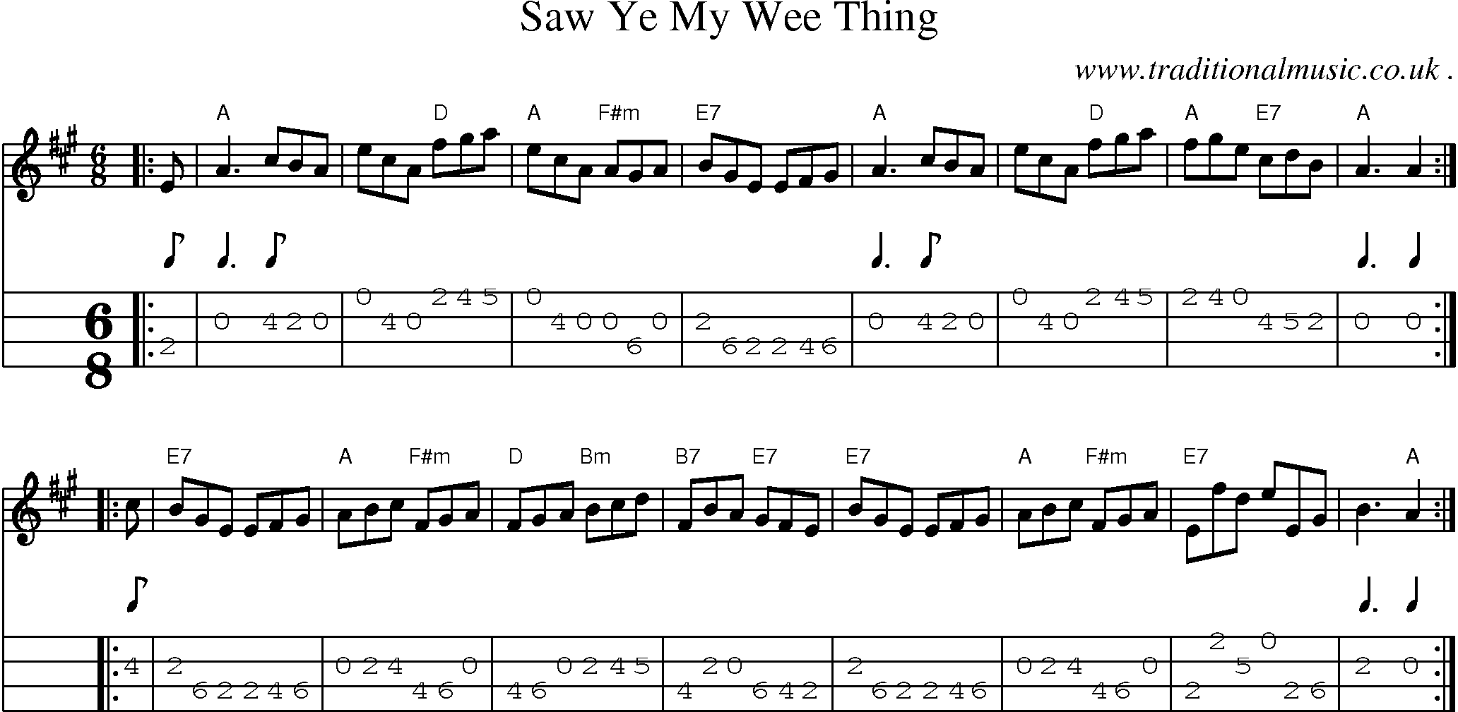 Sheet-music  score, Chords and Mandolin Tabs for Saw Ye My Wee Thing