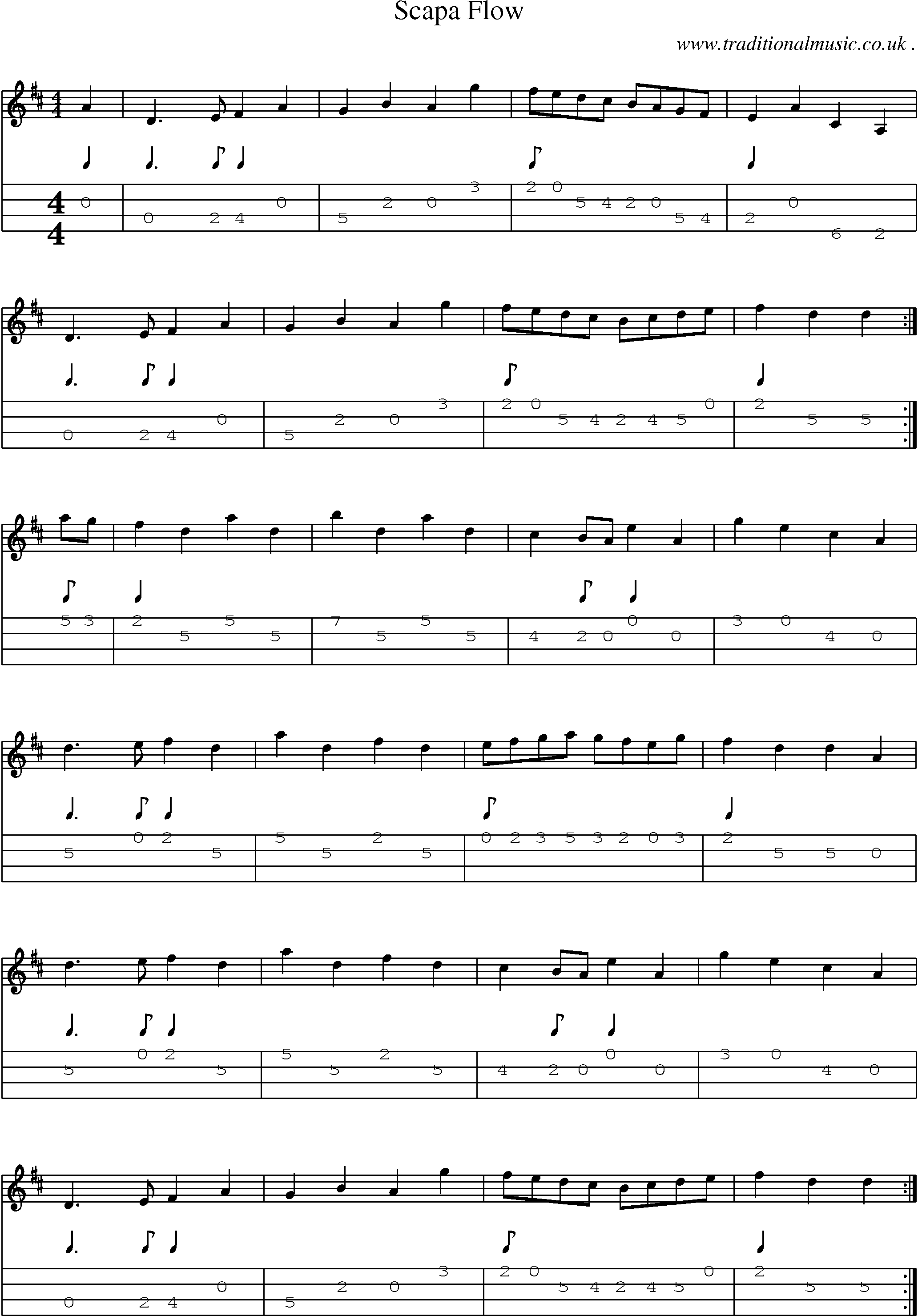 Sheet-music  score, Chords and Mandolin Tabs for Scapa Flow