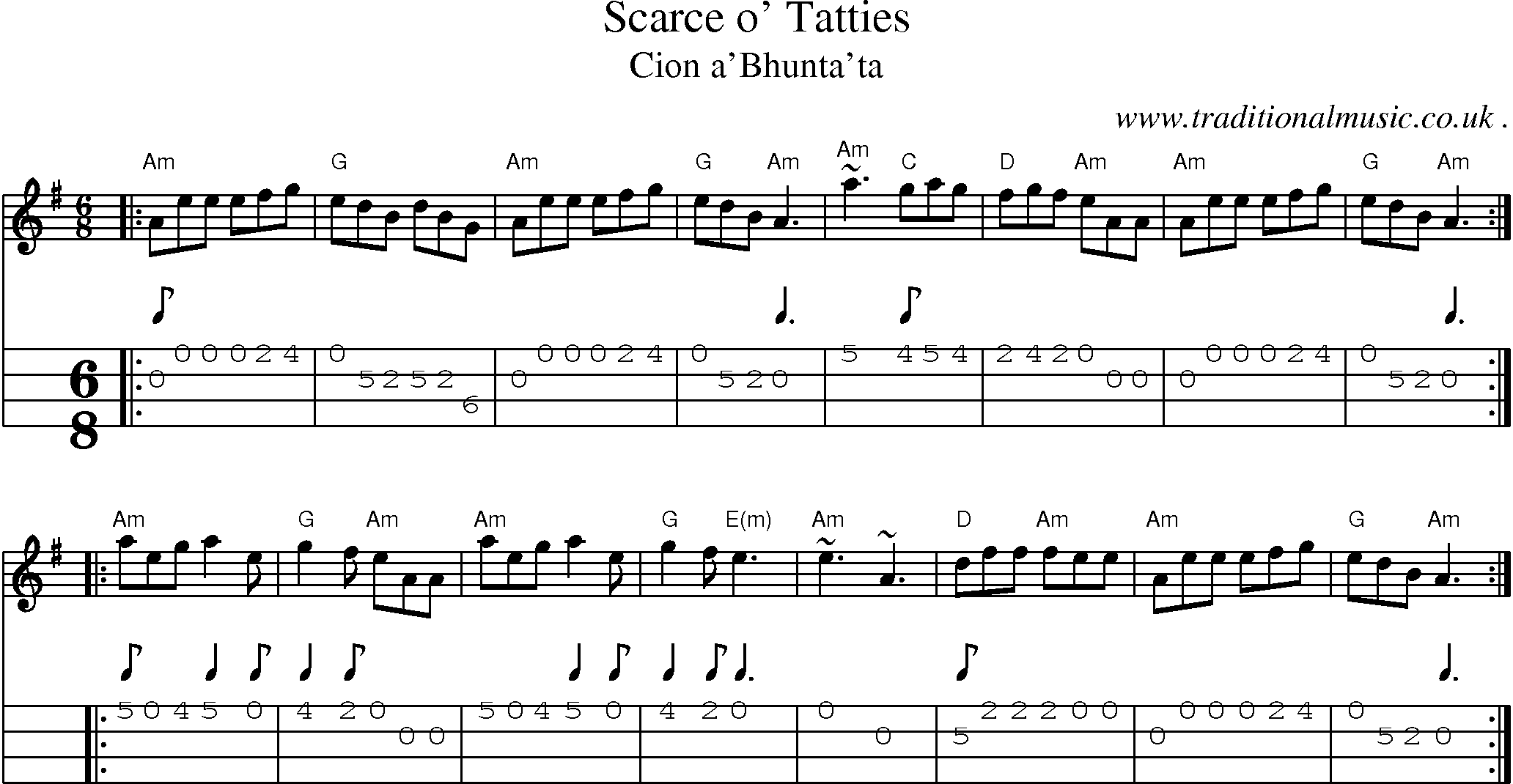 Sheet-music  score, Chords and Mandolin Tabs for Scarce O Tatties