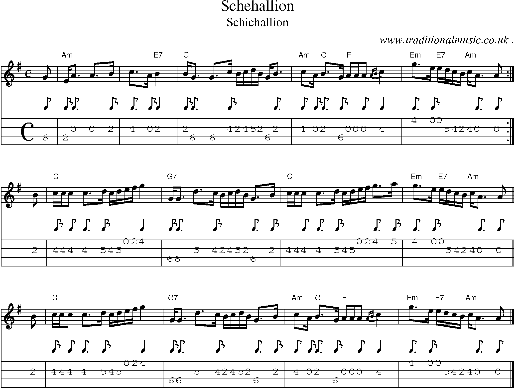 Sheet-music  score, Chords and Mandolin Tabs for Schehallion