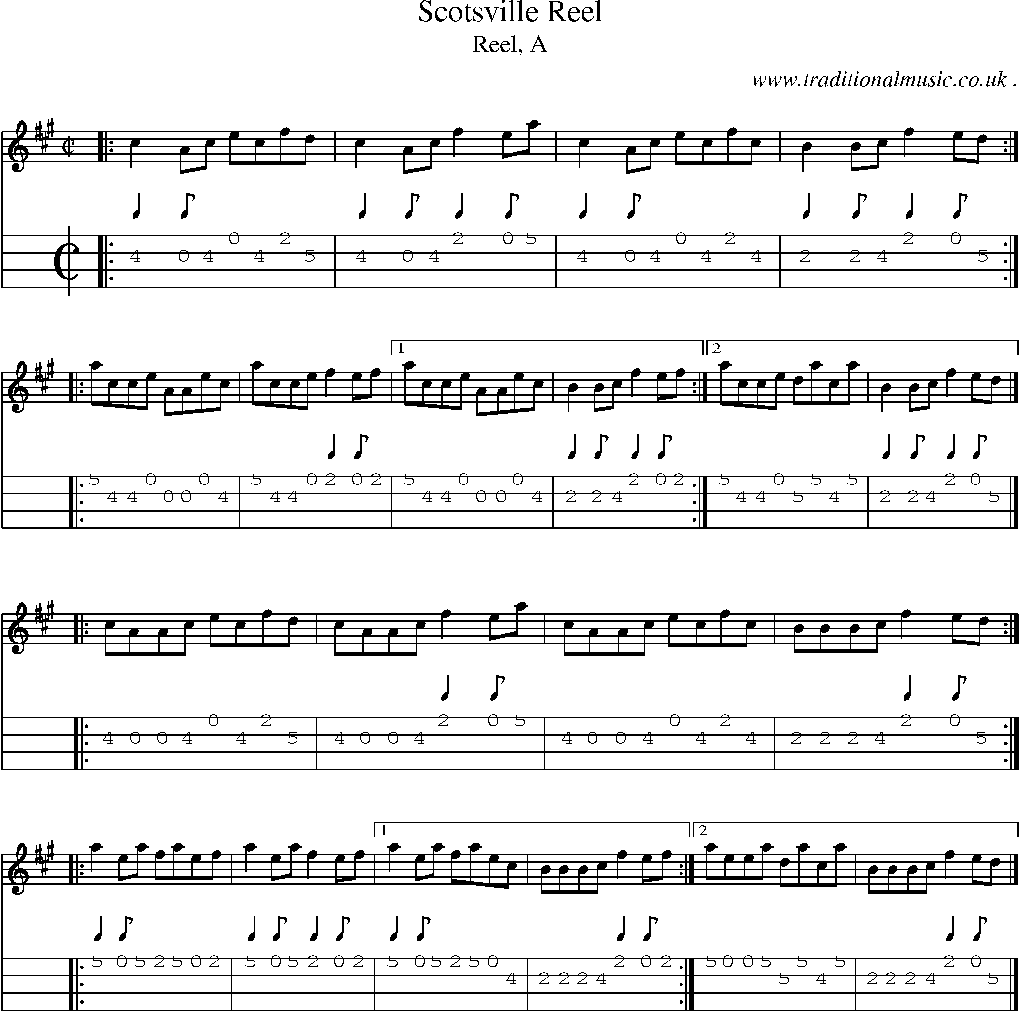 Sheet-music  score, Chords and Mandolin Tabs for Scotsville Reel