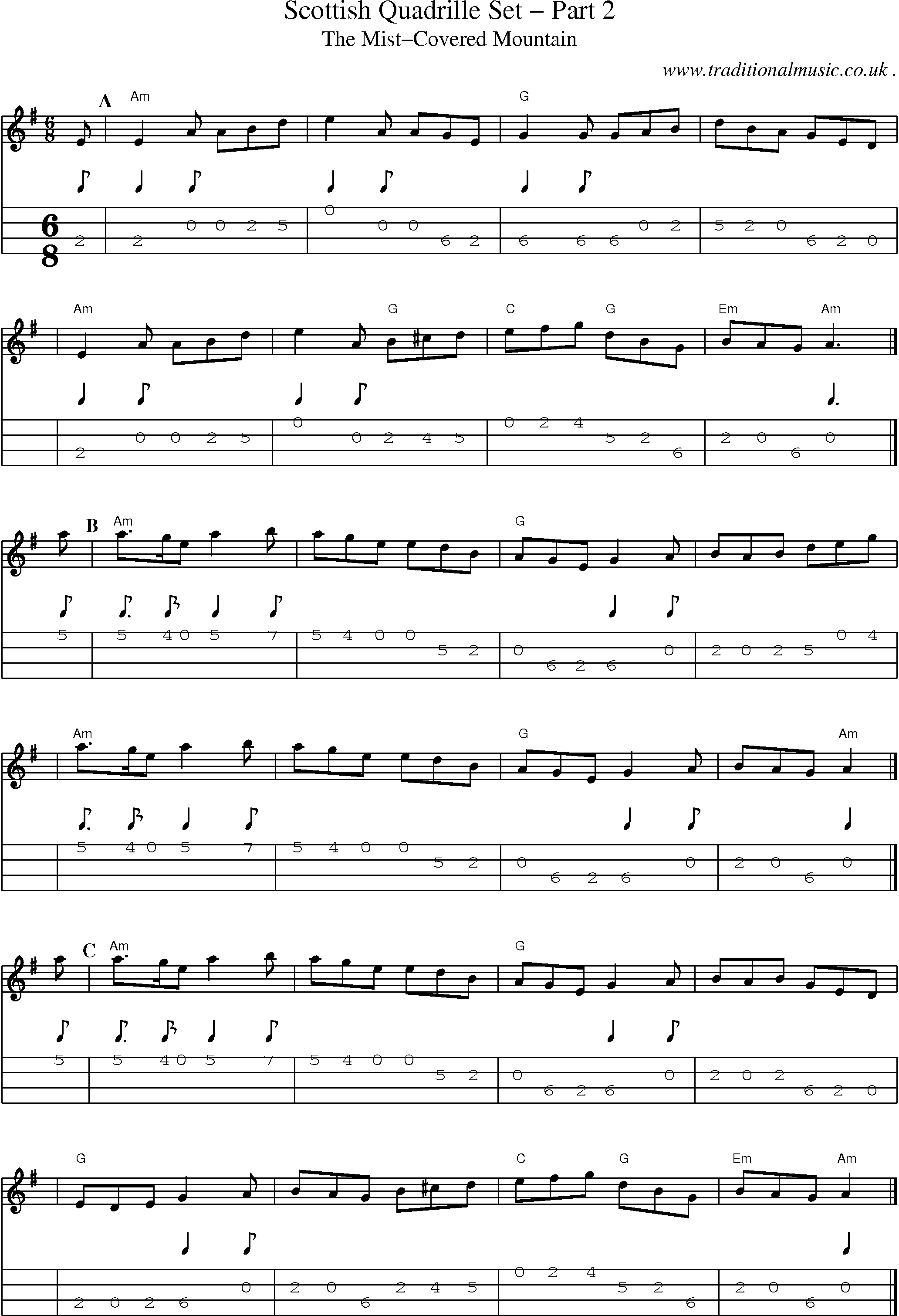 Sheet-music  score, Chords and Mandolin Tabs for Scottish Quadrille Set Part 2