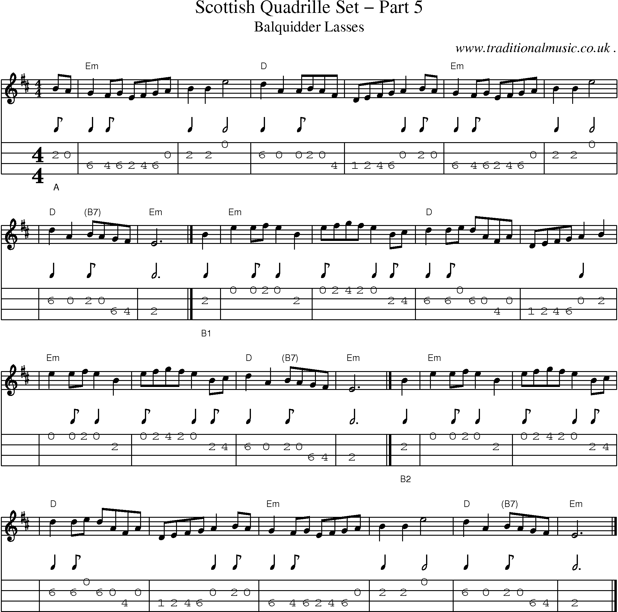 Sheet-music  score, Chords and Mandolin Tabs for Scottish Quadrille Set Part 5