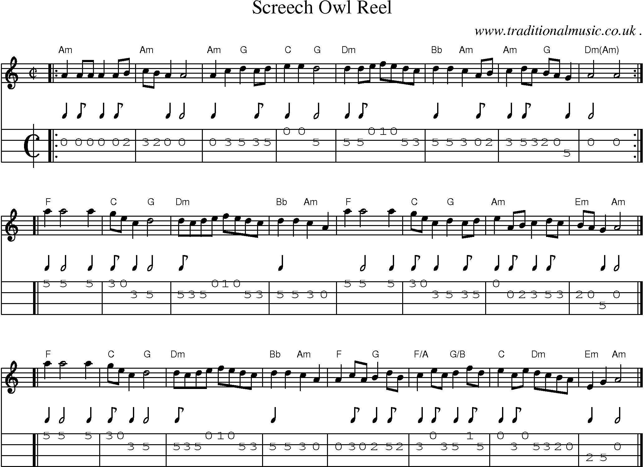 Sheet-music  score, Chords and Mandolin Tabs for Screech Owl Reel