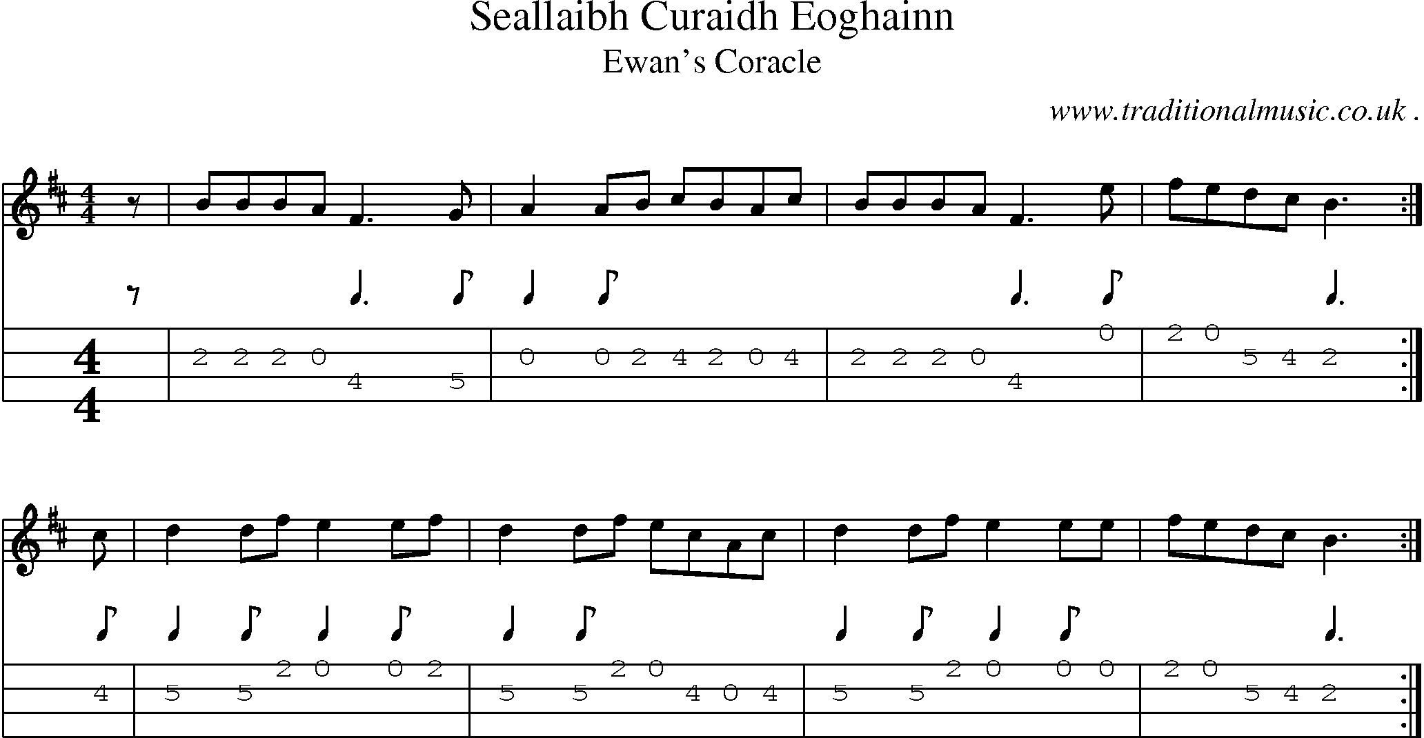Sheet-music  score, Chords and Mandolin Tabs for Seallaibh Curaidh Eoghainn