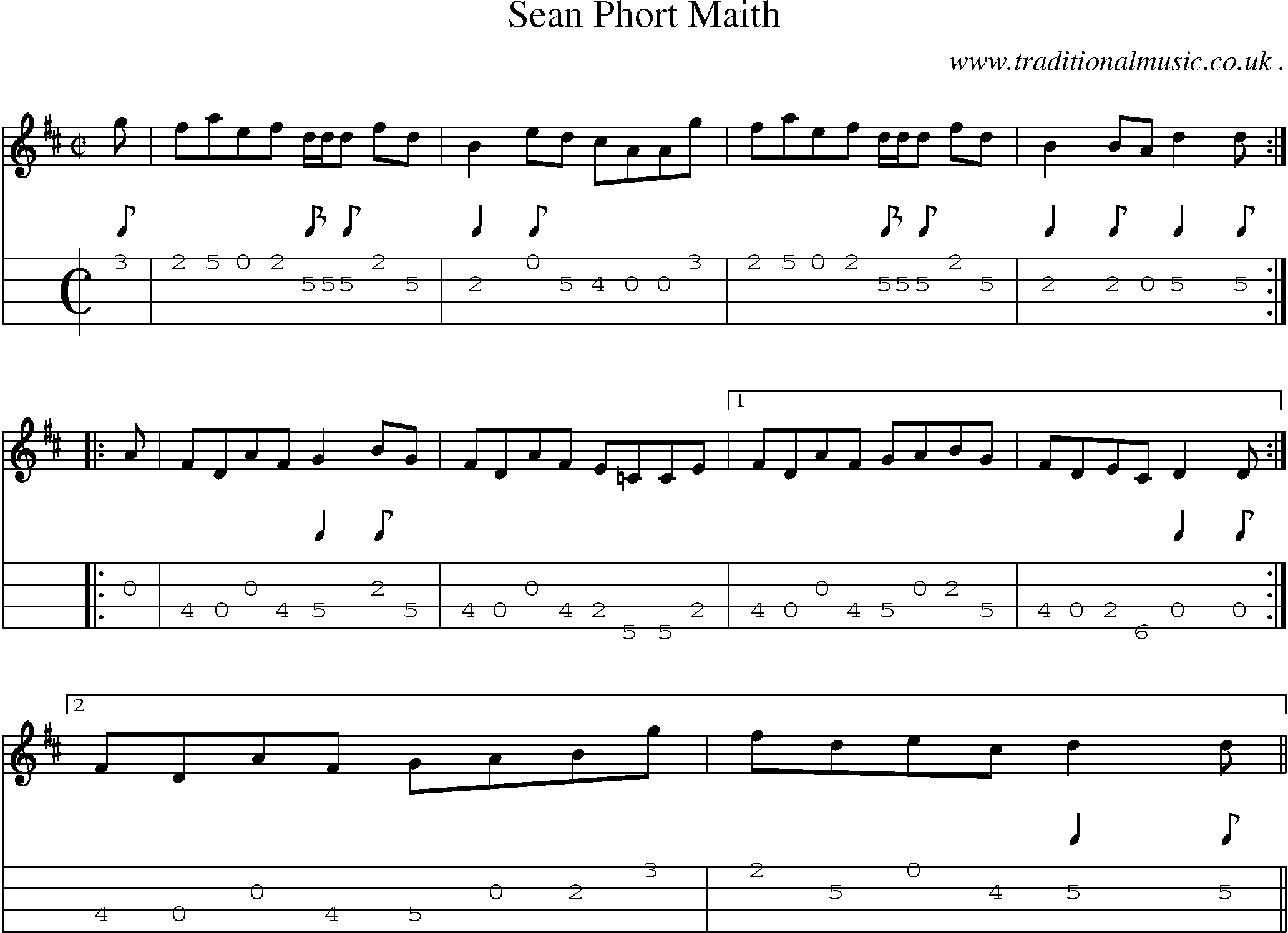 Sheet-music  score, Chords and Mandolin Tabs for Sean Phort Maith