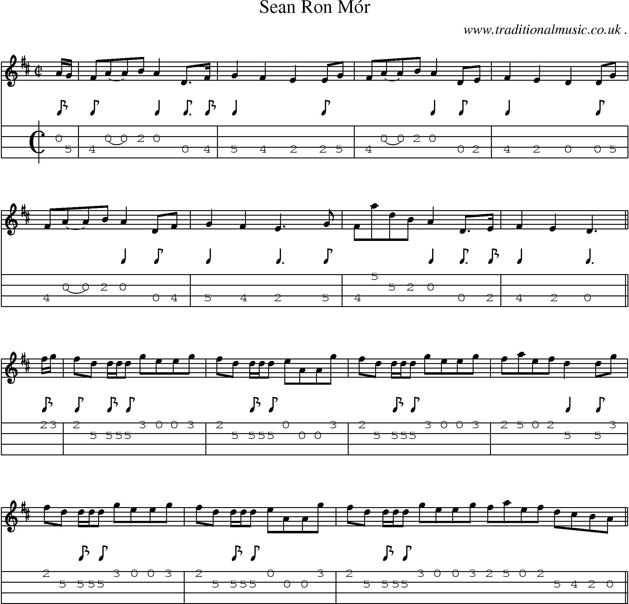 Sheet-music  score, Chords and Mandolin Tabs for Sean Ron Mor