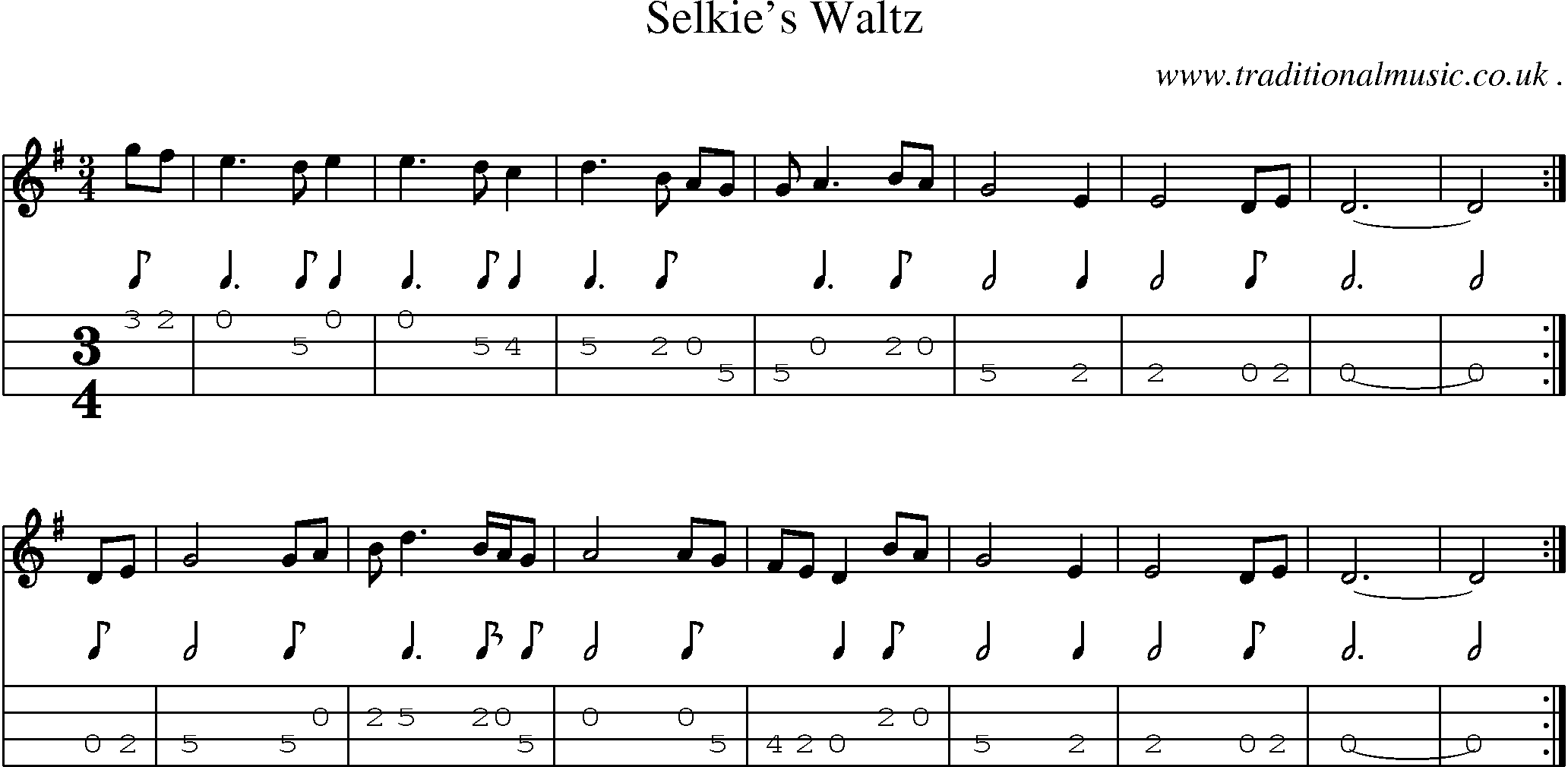 Sheet-music  score, Chords and Mandolin Tabs for Selkies Waltz