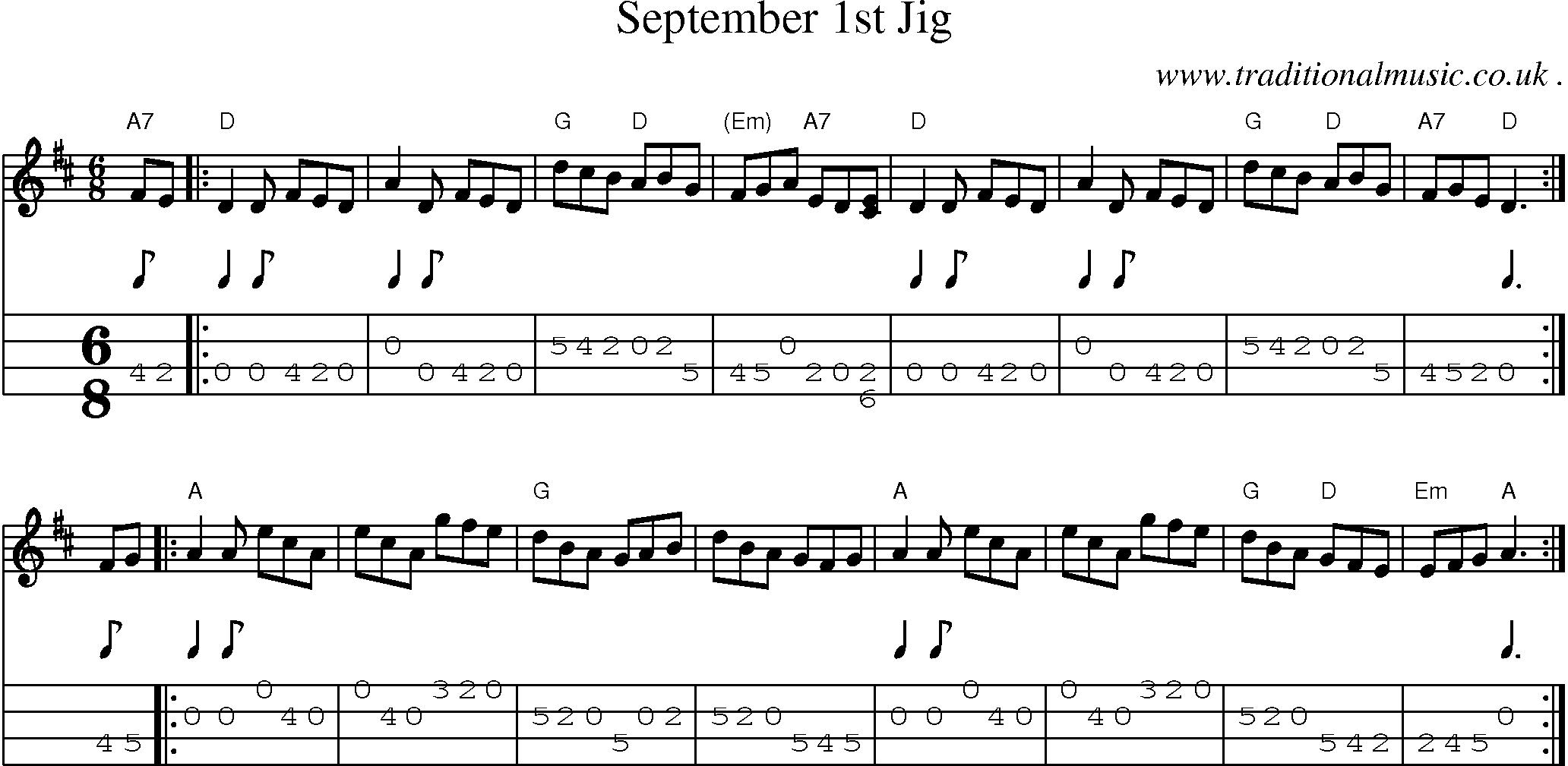Sheet-music  score, Chords and Mandolin Tabs for September 1st Jig