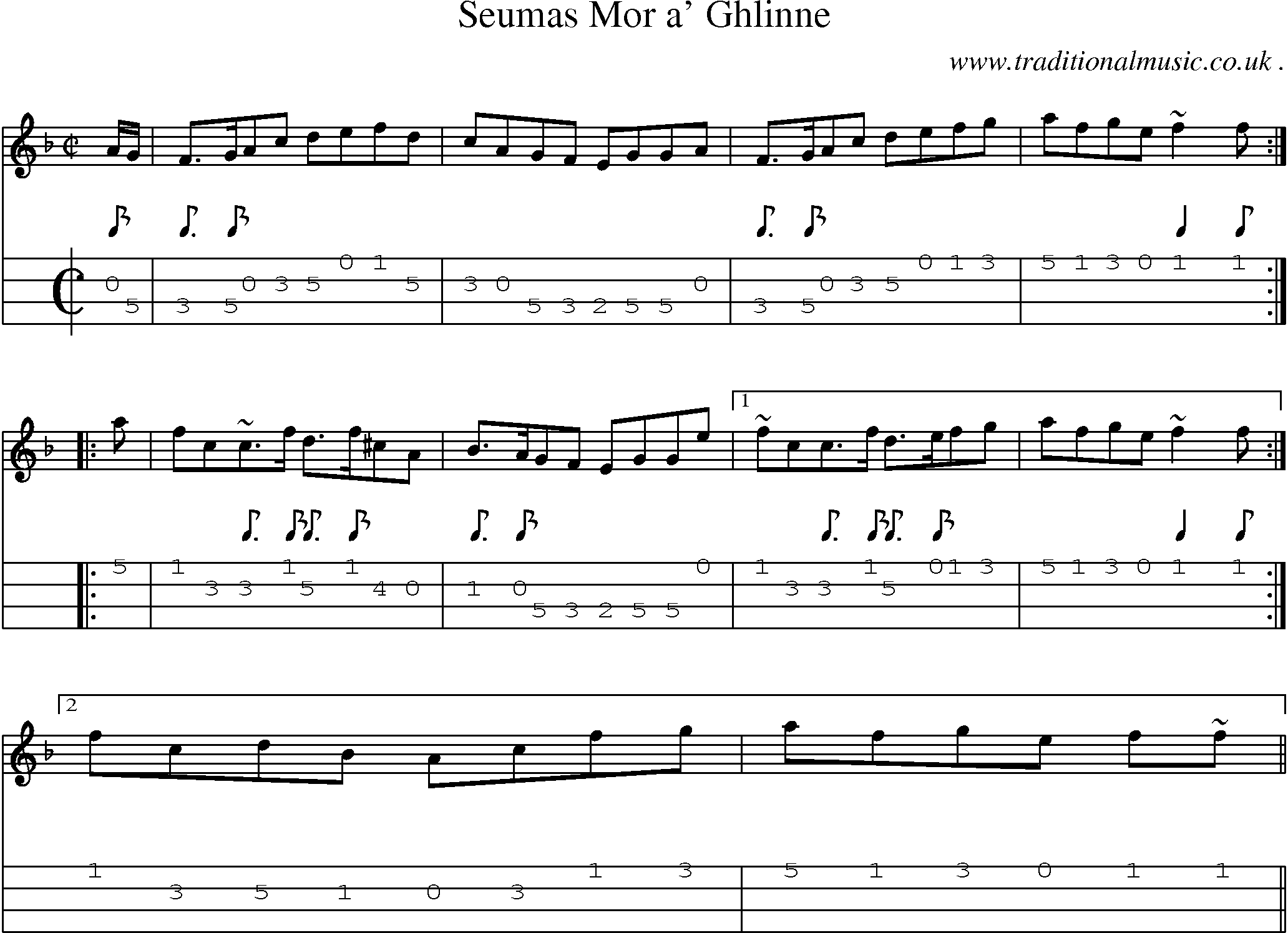 Sheet-music  score, Chords and Mandolin Tabs for Seumas Mor A Ghlinne