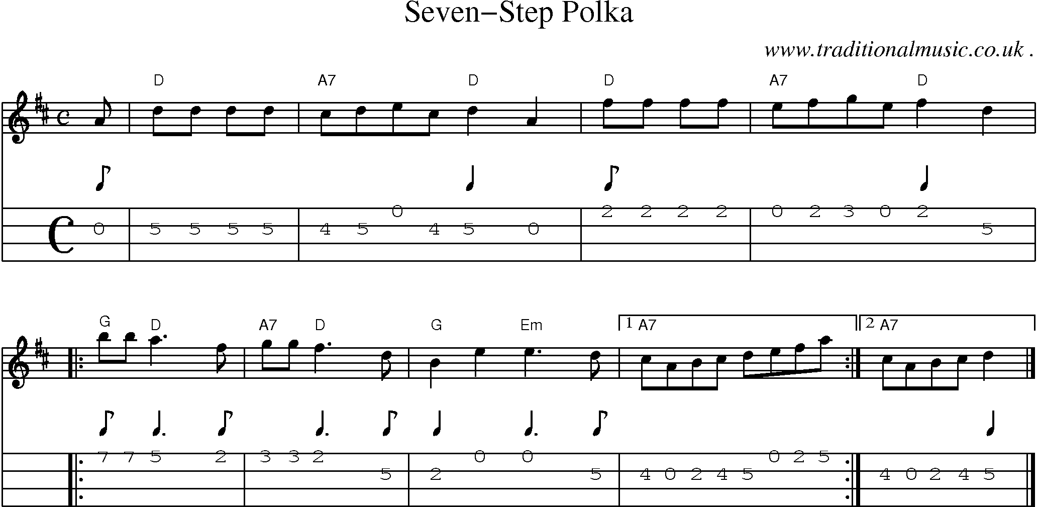 Sheet-music  score, Chords and Mandolin Tabs for Seven-step Polka