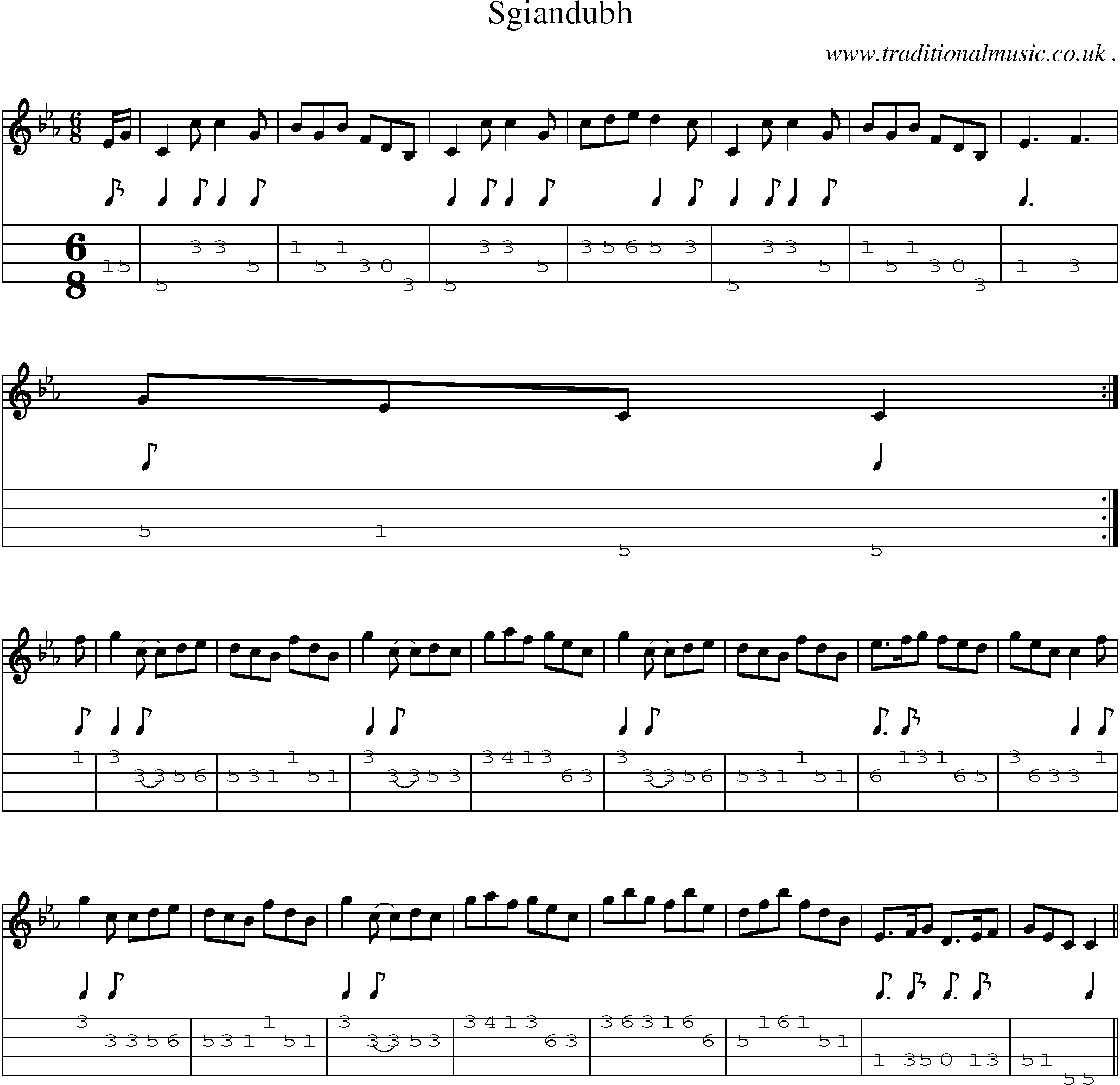 Sheet-music  score, Chords and Mandolin Tabs for Sgiandubh