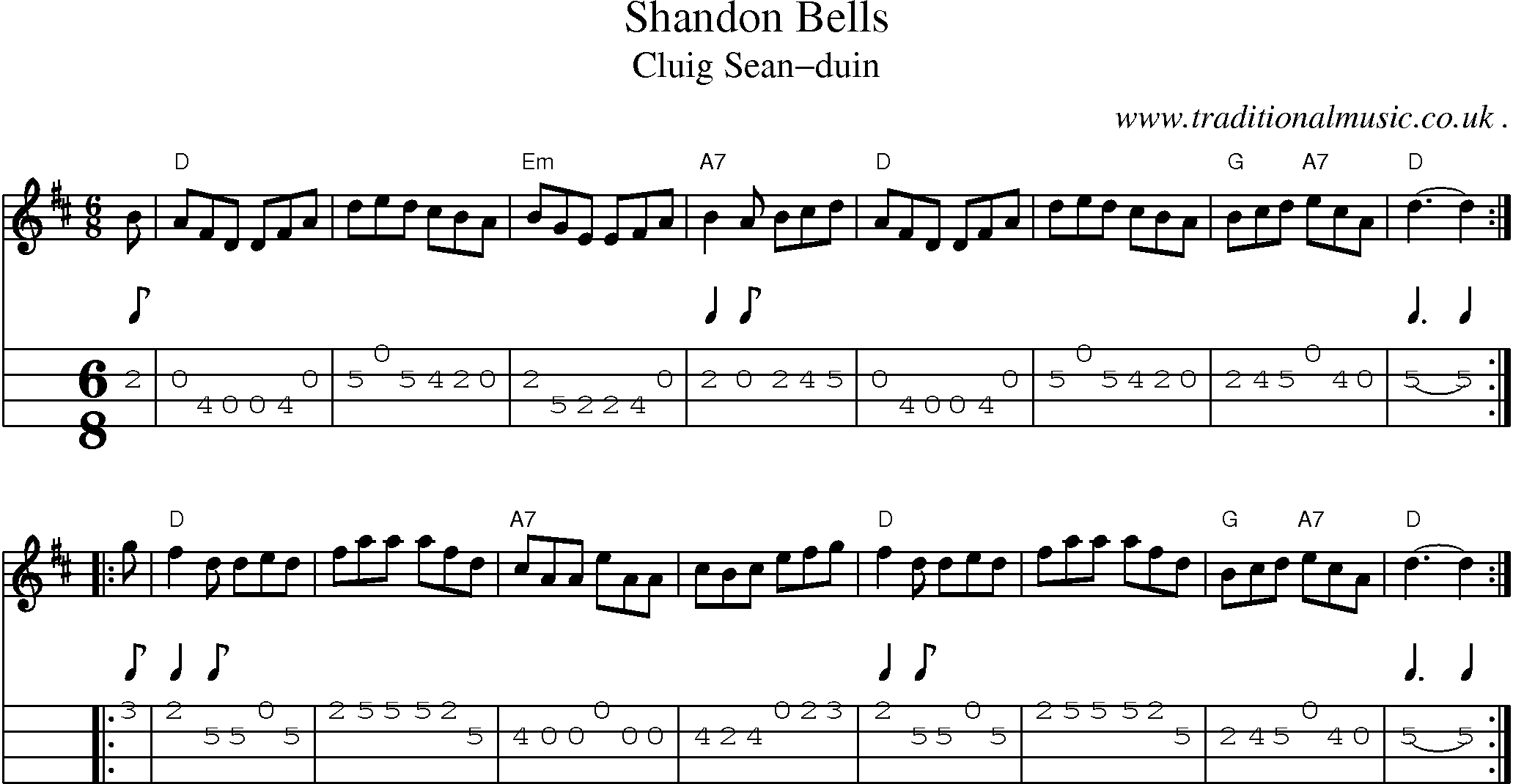 Sheet-music  score, Chords and Mandolin Tabs for Shandon Bells