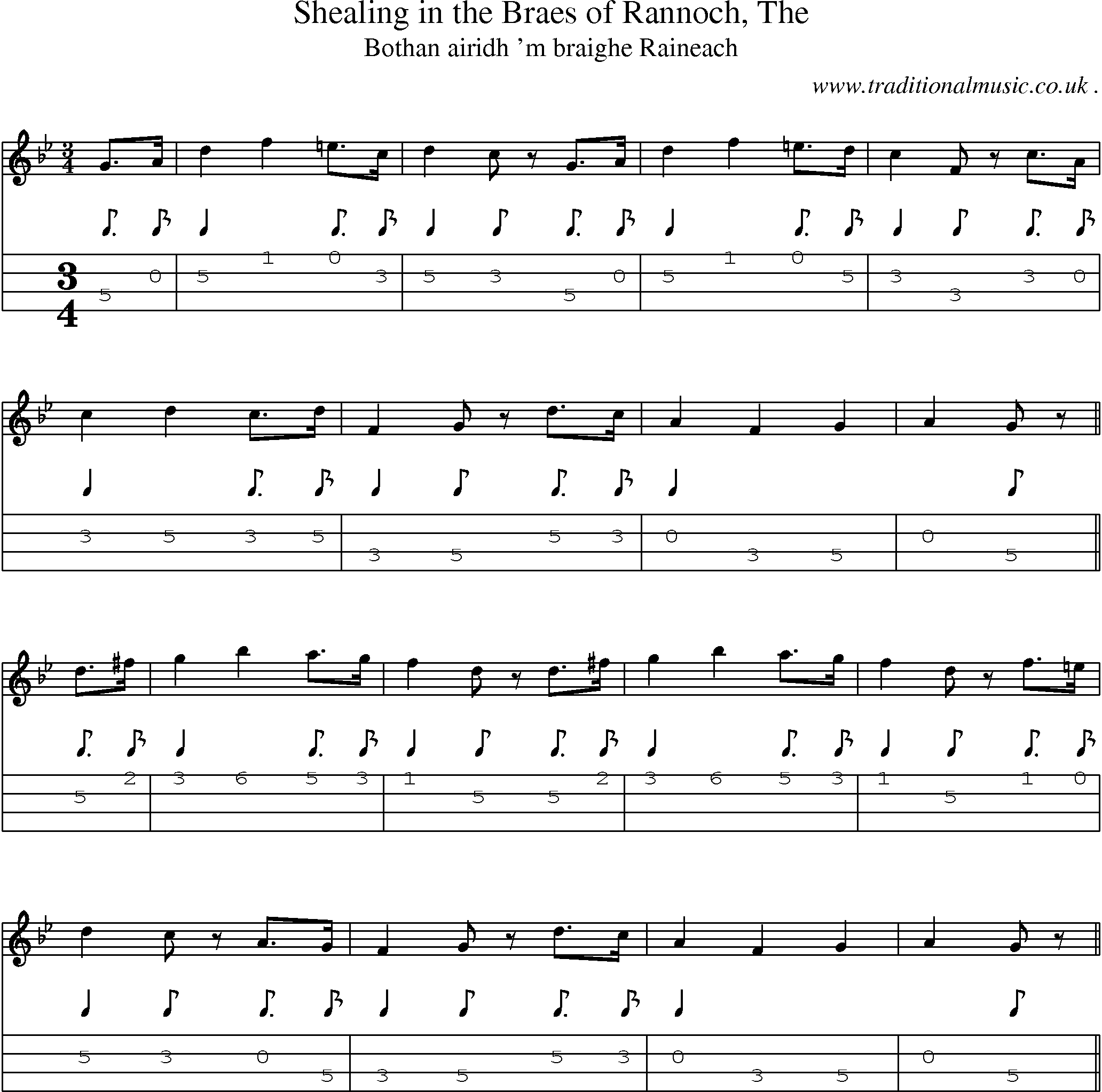 Sheet-music  score, Chords and Mandolin Tabs for Shealing In The Braes Of Rannoch The