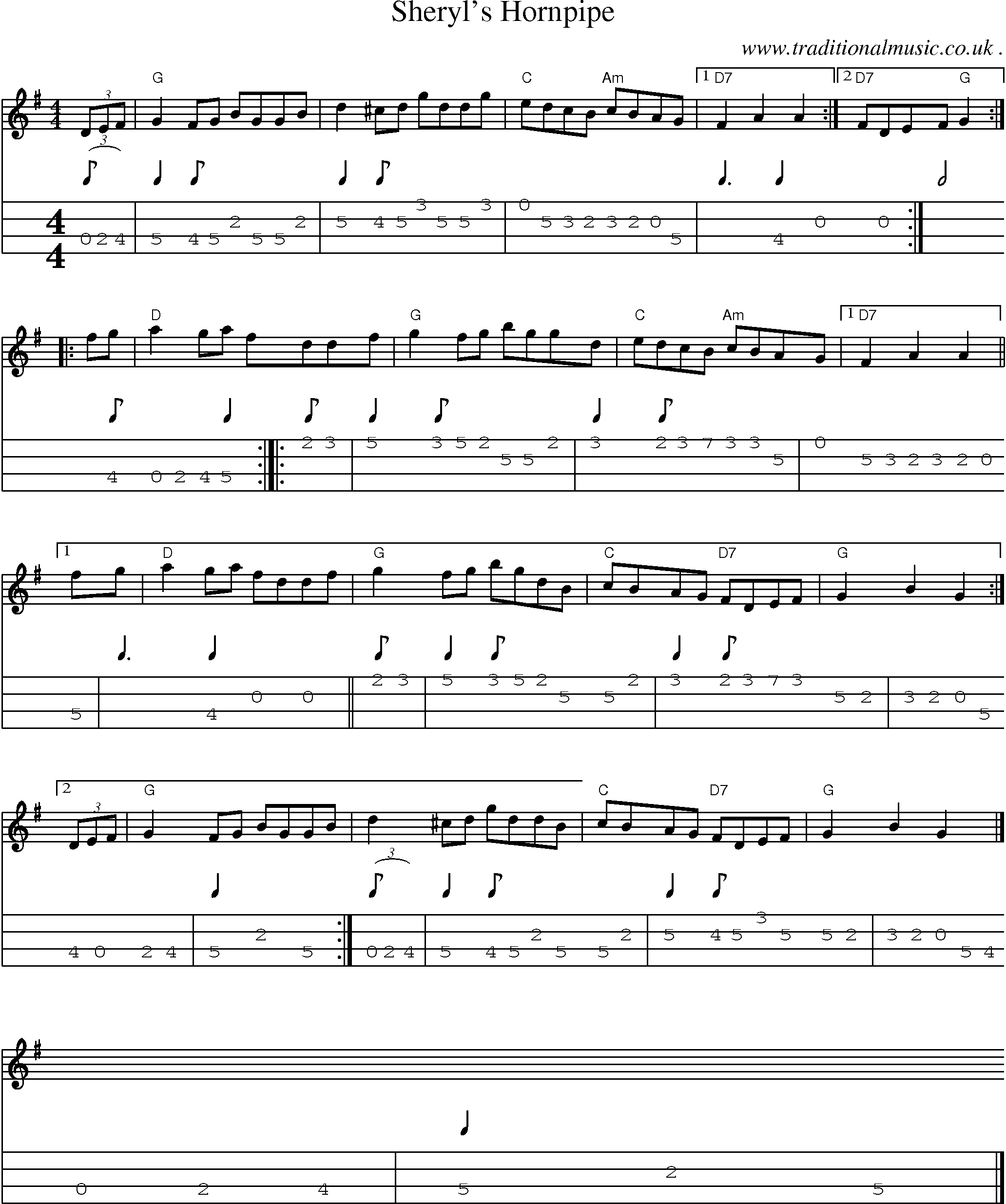 Sheet-music  score, Chords and Mandolin Tabs for Sheryls Hornpipe