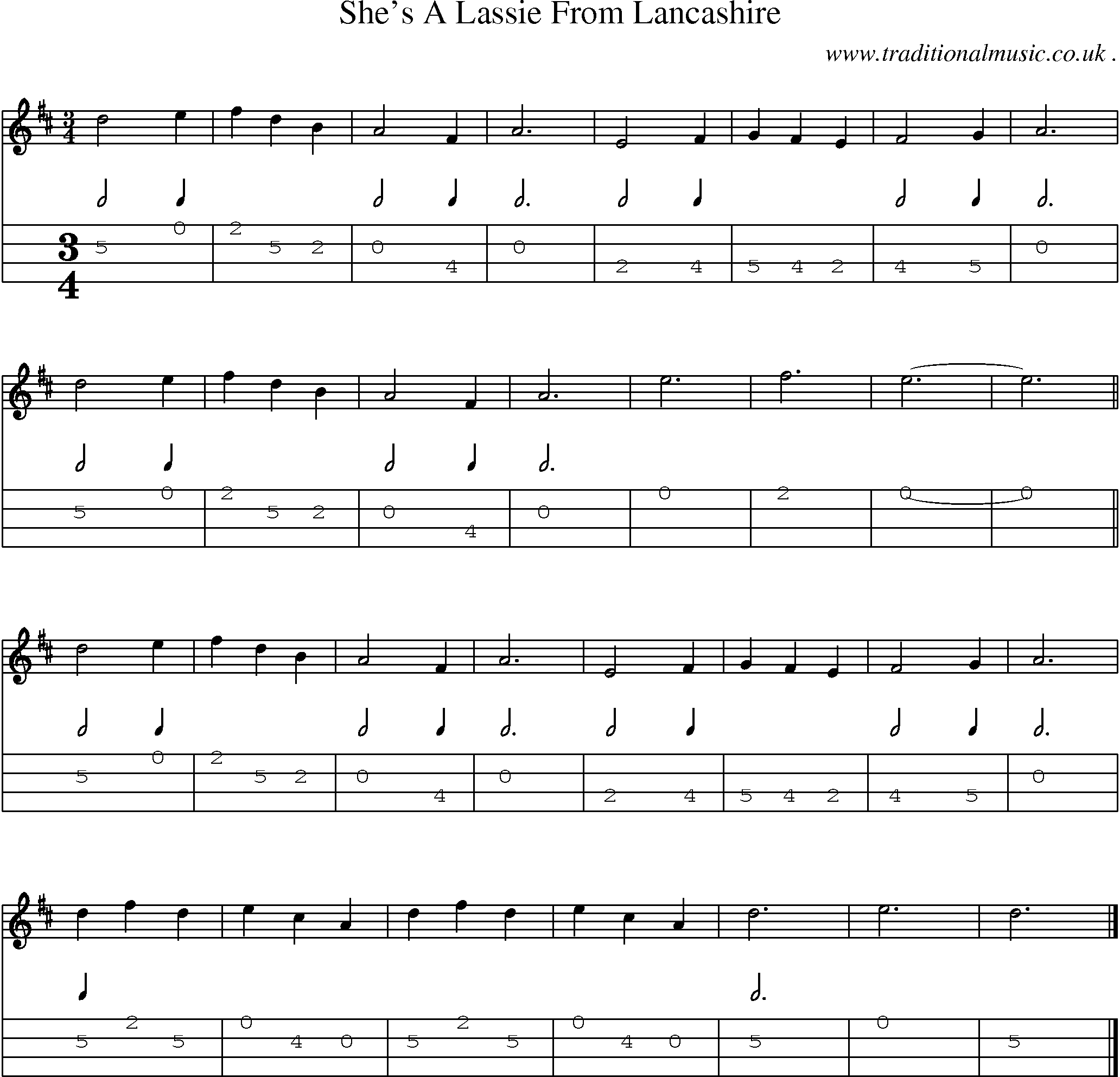 Sheet-music  score, Chords and Mandolin Tabs for Shes A Lassie From Lancashire