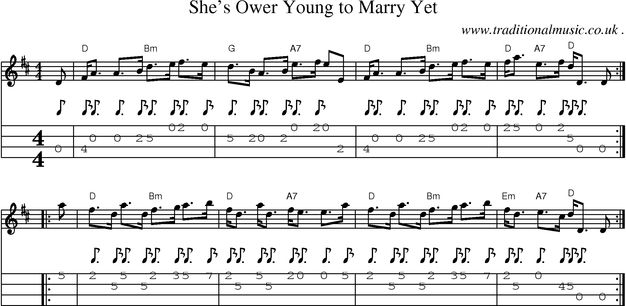 Sheet-music  score, Chords and Mandolin Tabs for Shes Ower Young To Marry Yet