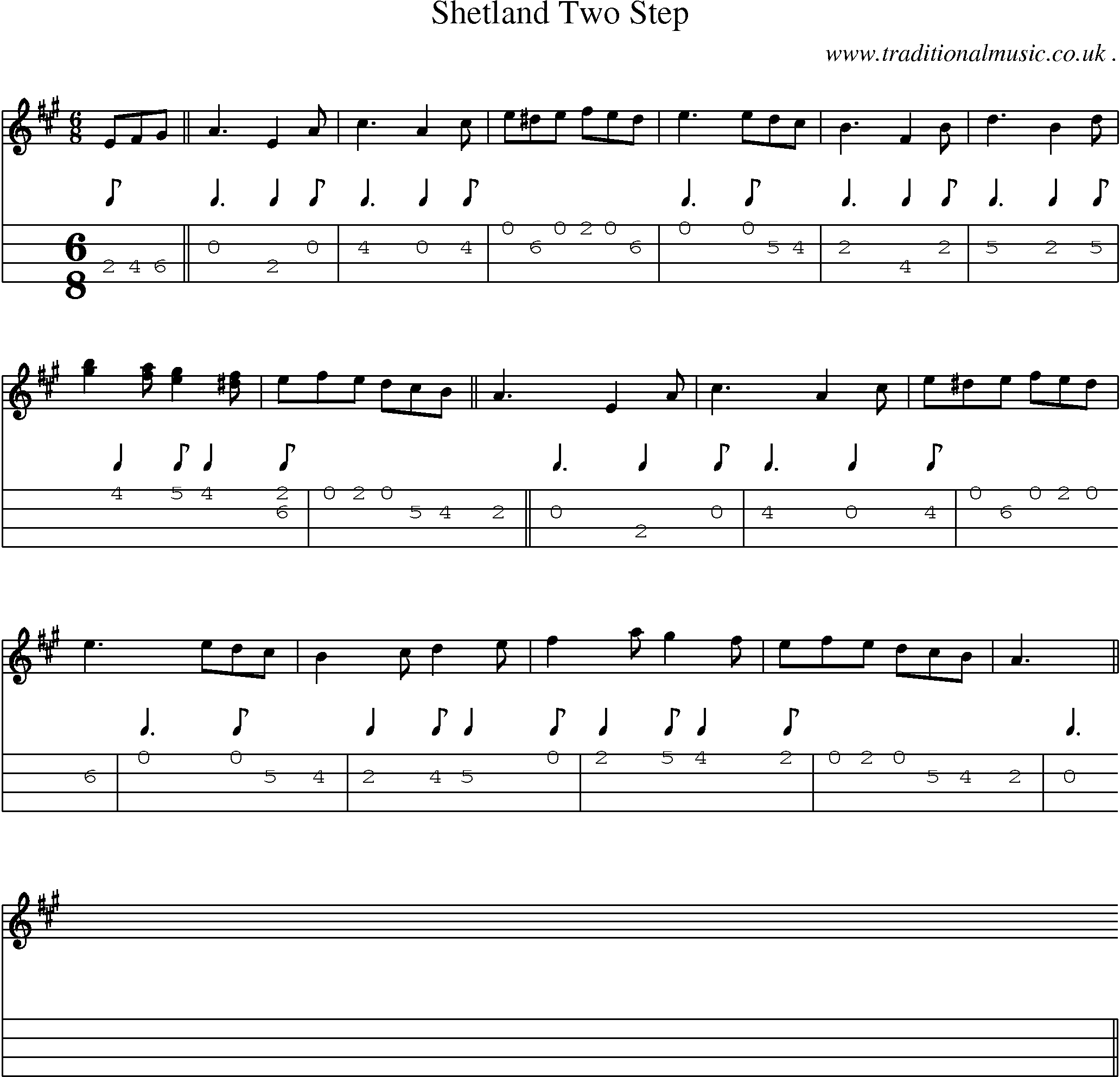 Sheet-music  score, Chords and Mandolin Tabs for Shetland Two Step