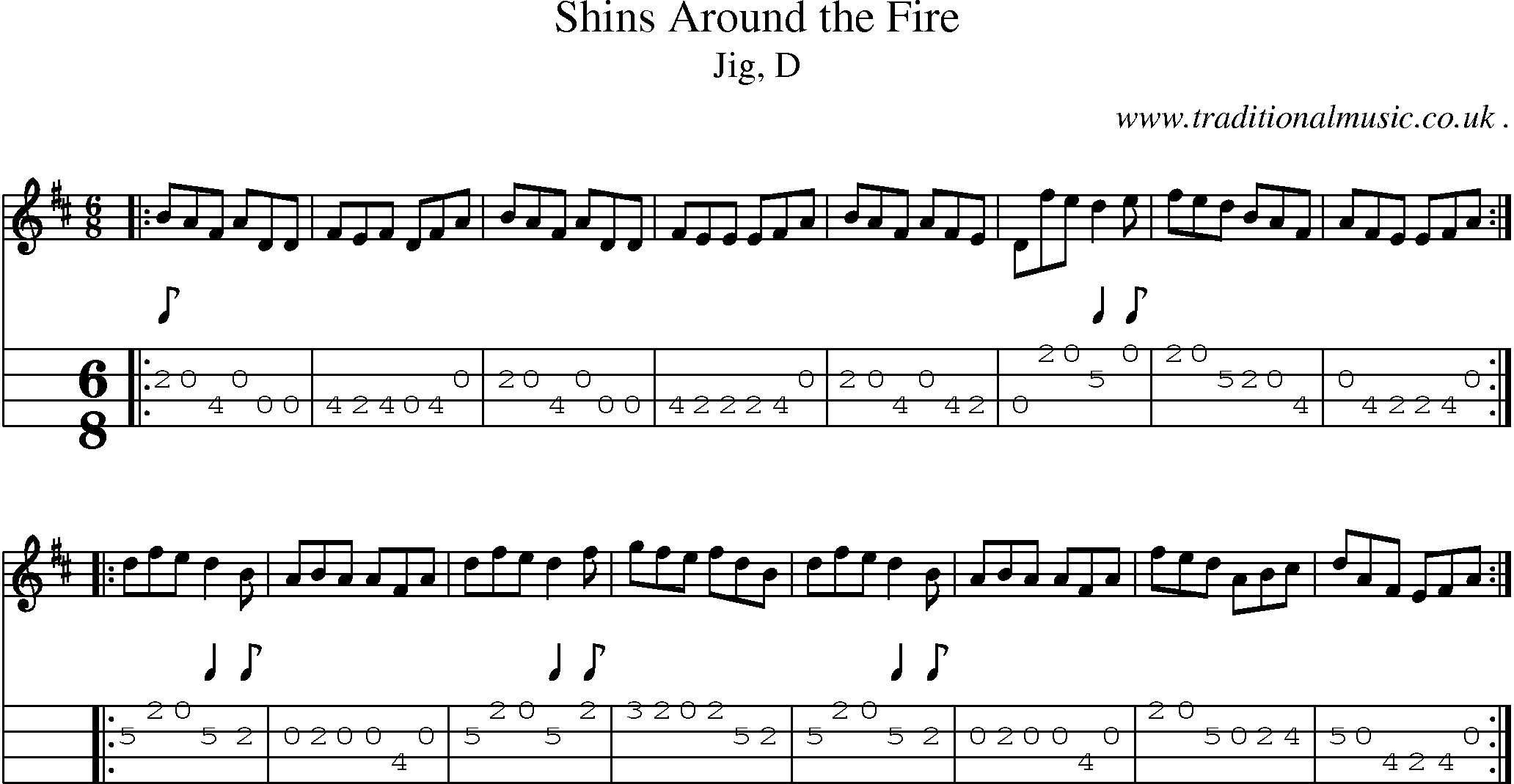 Sheet-music  score, Chords and Mandolin Tabs for Shins Around The Fire