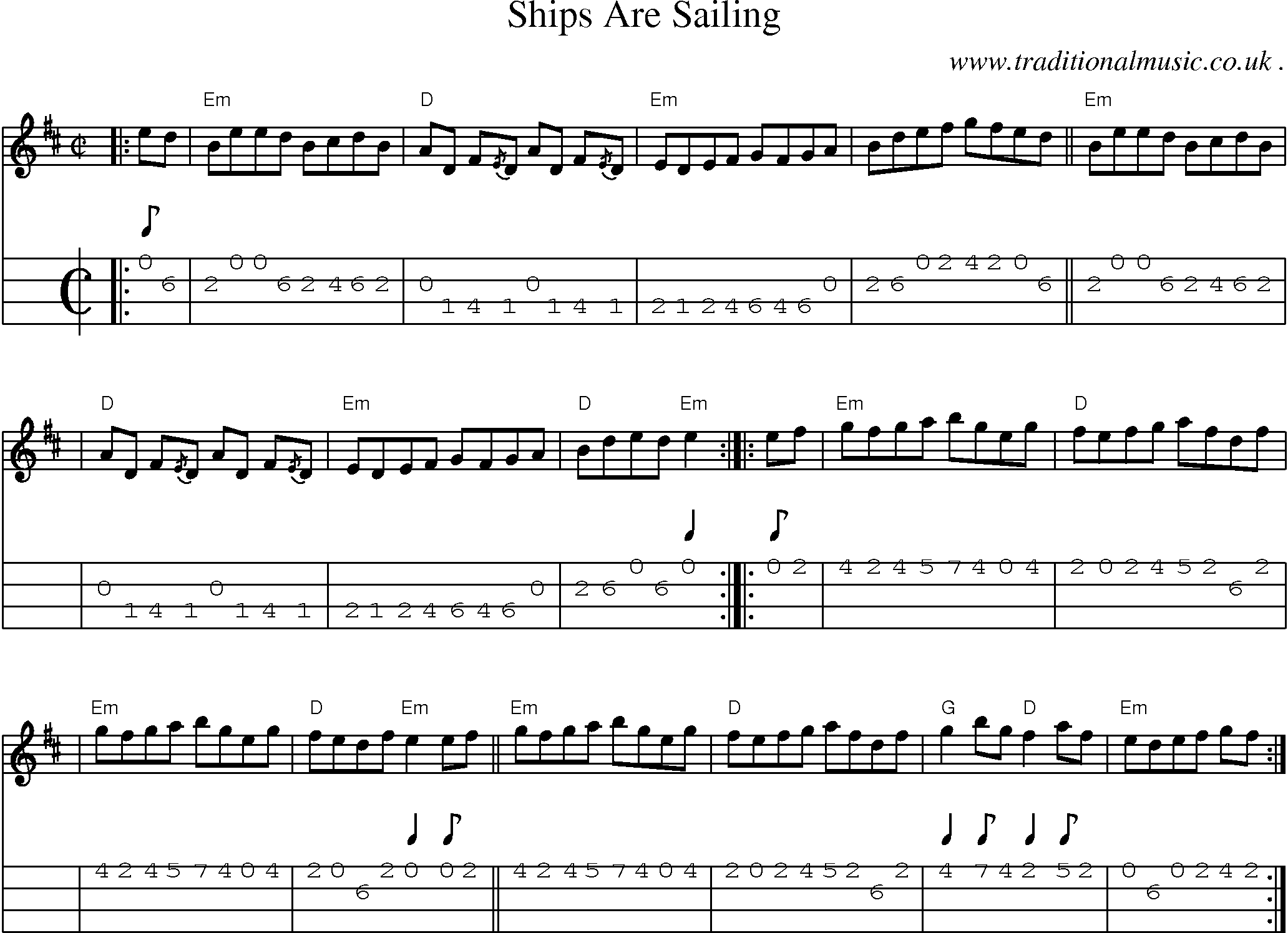 Sheet-music  score, Chords and Mandolin Tabs for Ships Are Sailing