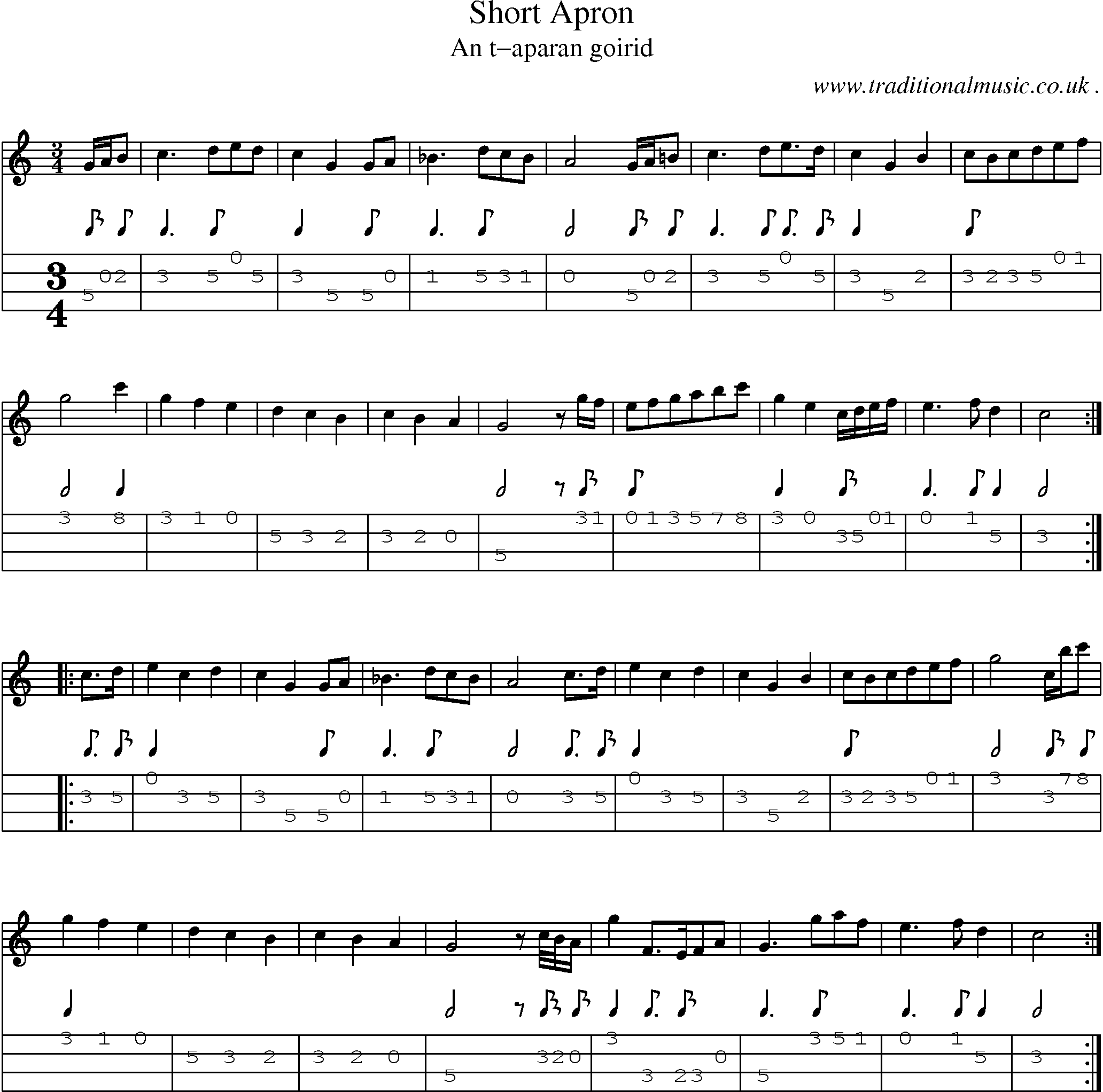 Sheet-music  score, Chords and Mandolin Tabs for Short Apron