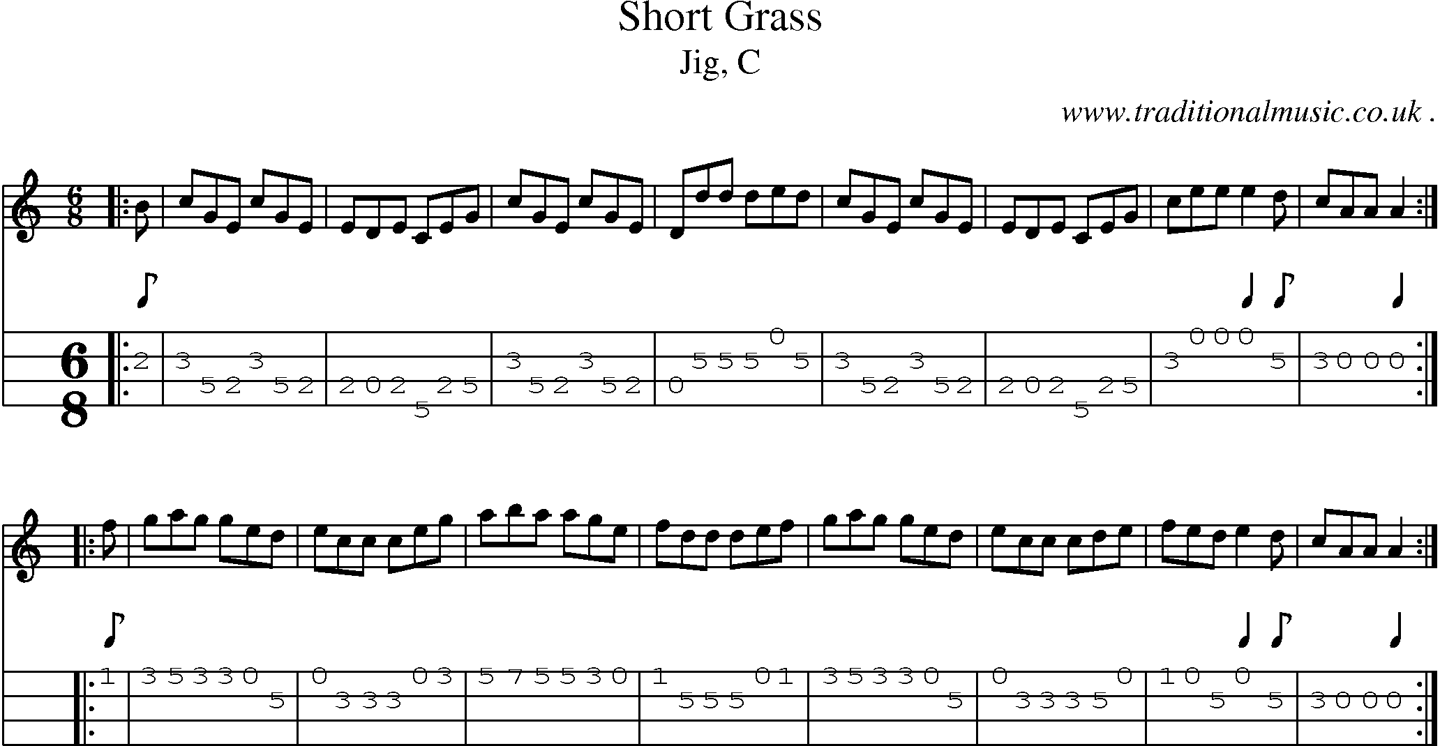 Sheet-music  score, Chords and Mandolin Tabs for Short Grass