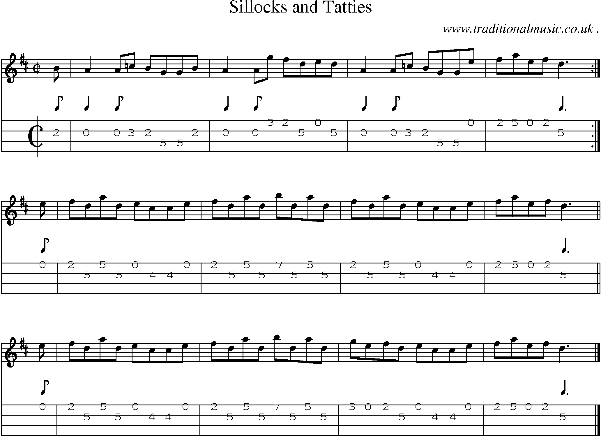 Sheet-music  score, Chords and Mandolin Tabs for Sillocks And Tatties