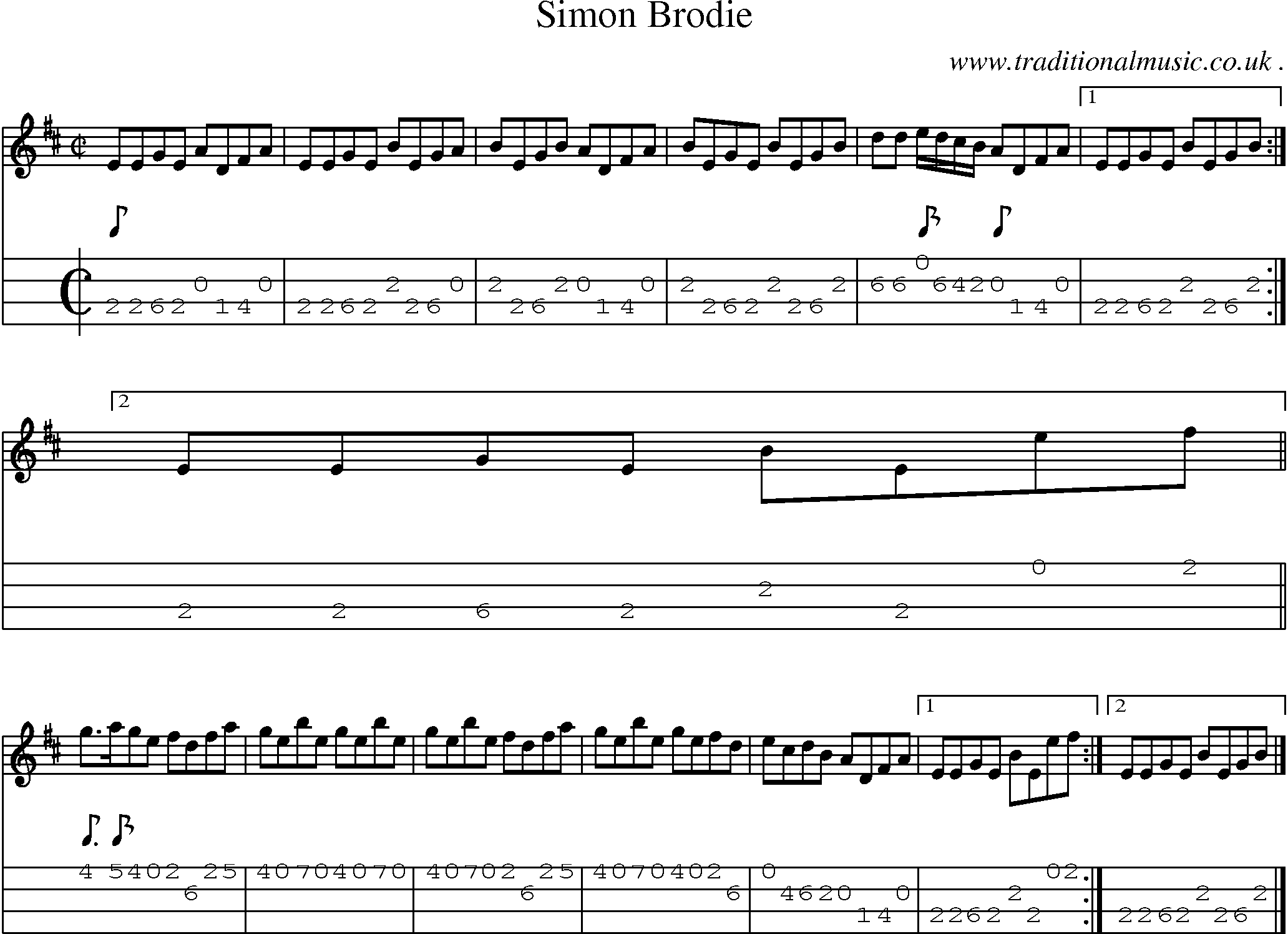 Sheet-music  score, Chords and Mandolin Tabs for Simon Brodie