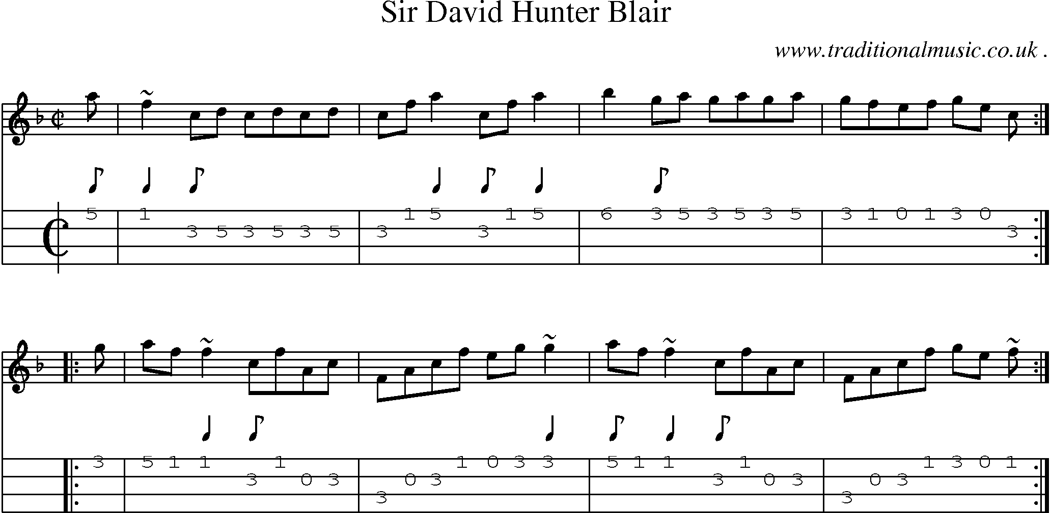 Sheet-music  score, Chords and Mandolin Tabs for Sir David Hunter Blair