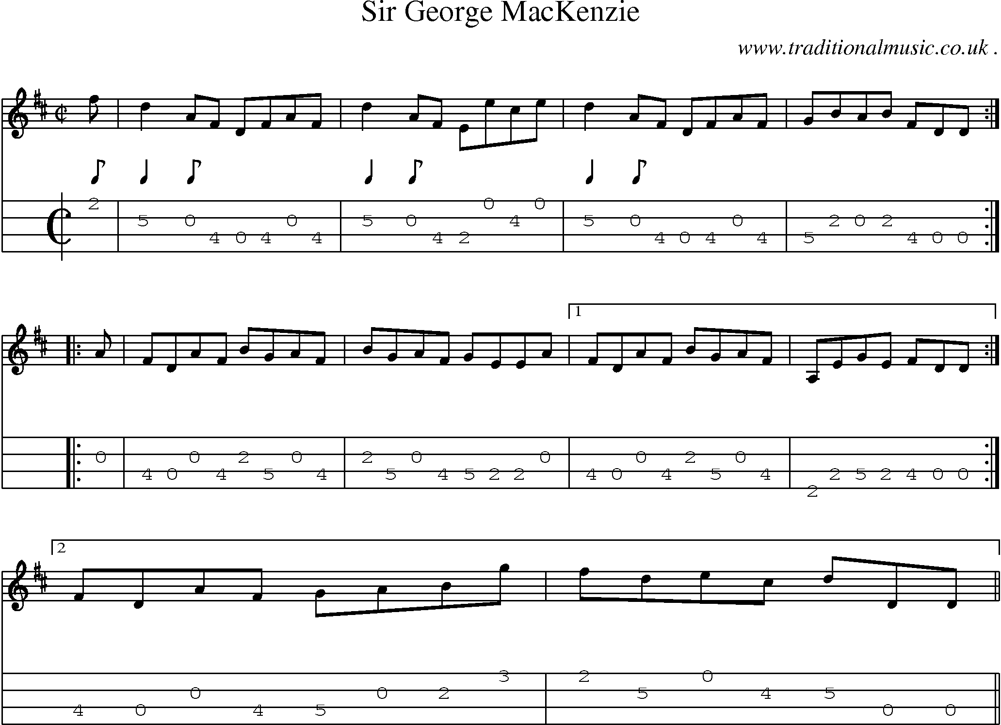 Sheet-music  score, Chords and Mandolin Tabs for Sir George Mackenzie