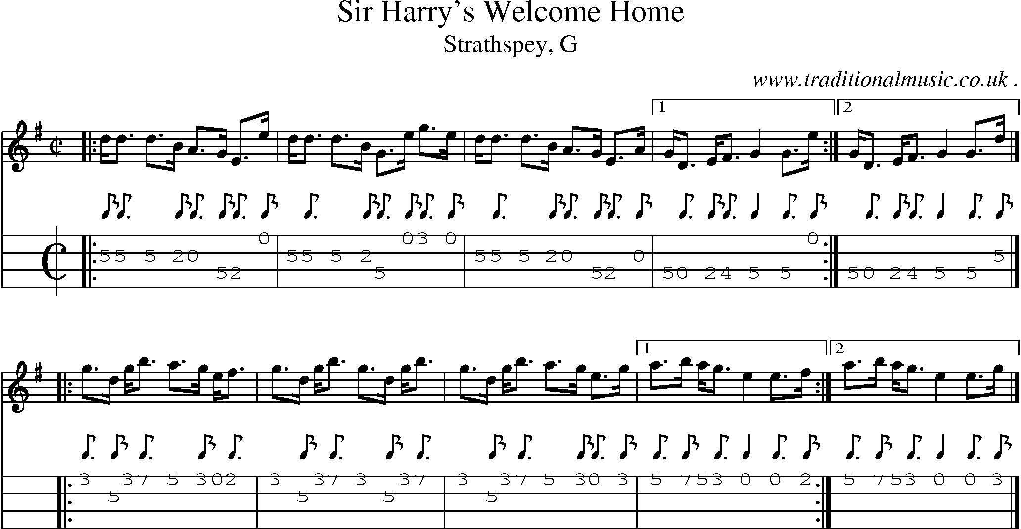 Sheet-music  score, Chords and Mandolin Tabs for Sir Harrys Welcome Home