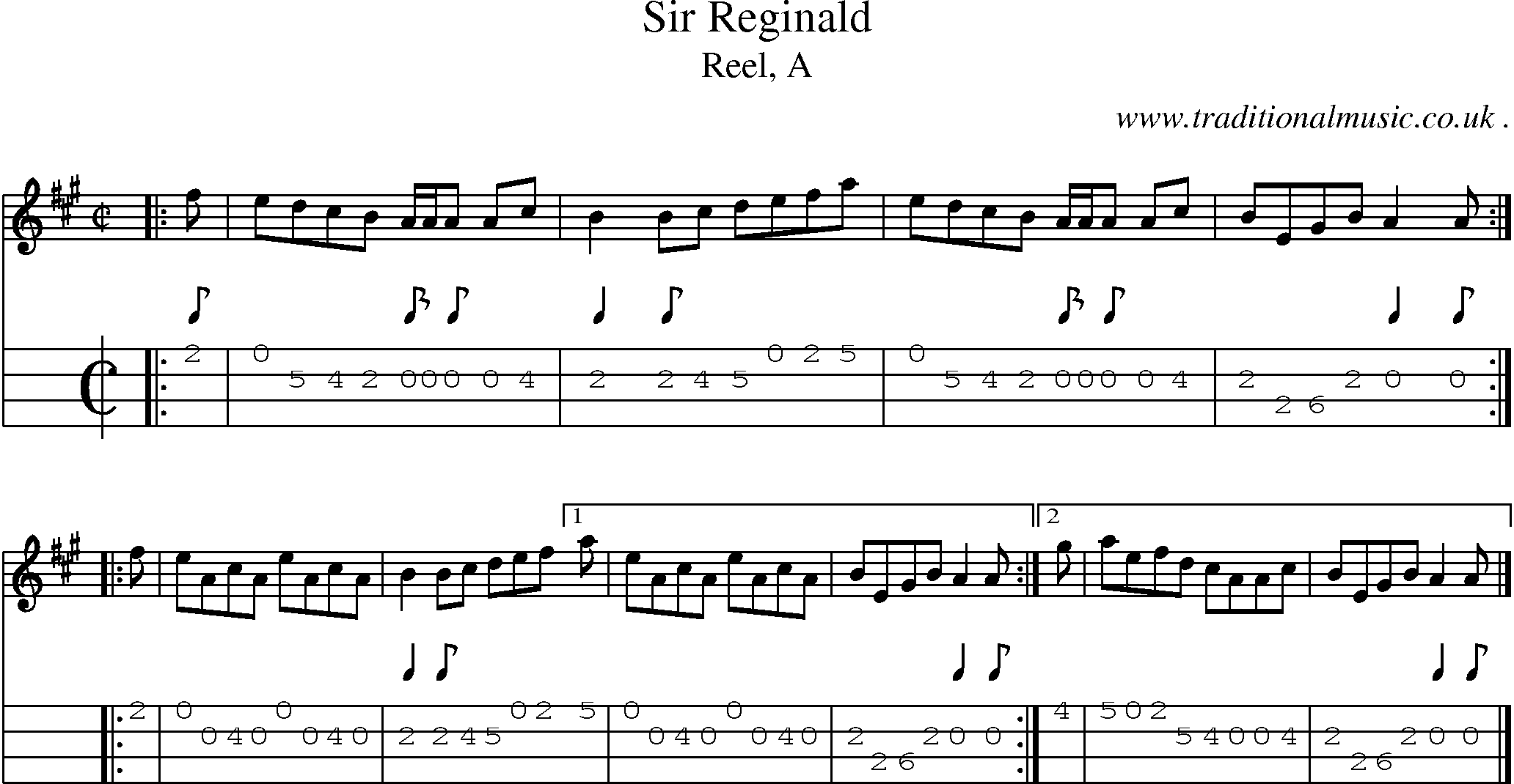 Sheet-music  score, Chords and Mandolin Tabs for Sir Reginald