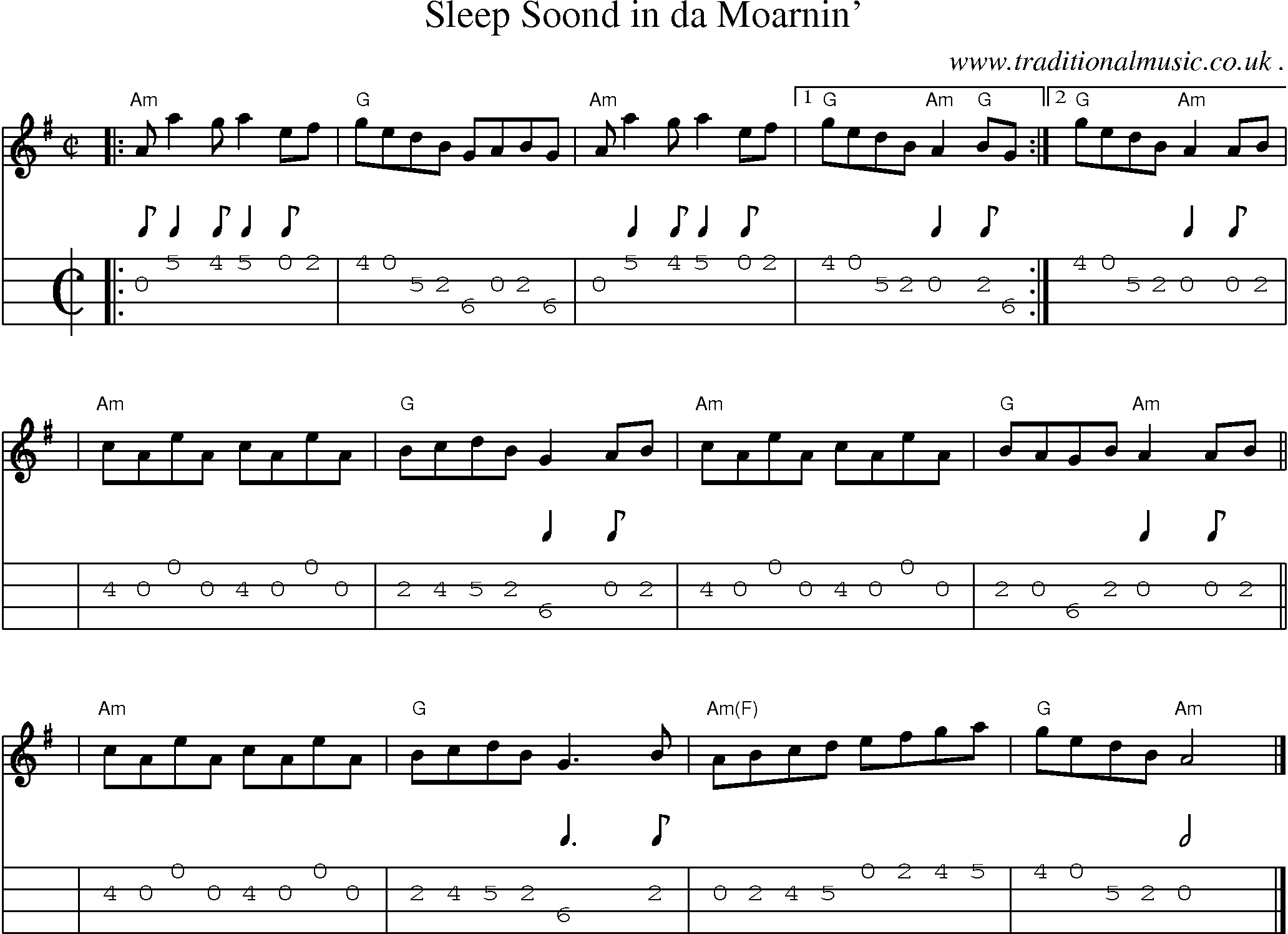 Sheet-music  score, Chords and Mandolin Tabs for Sleep Soond In Da Moarnin