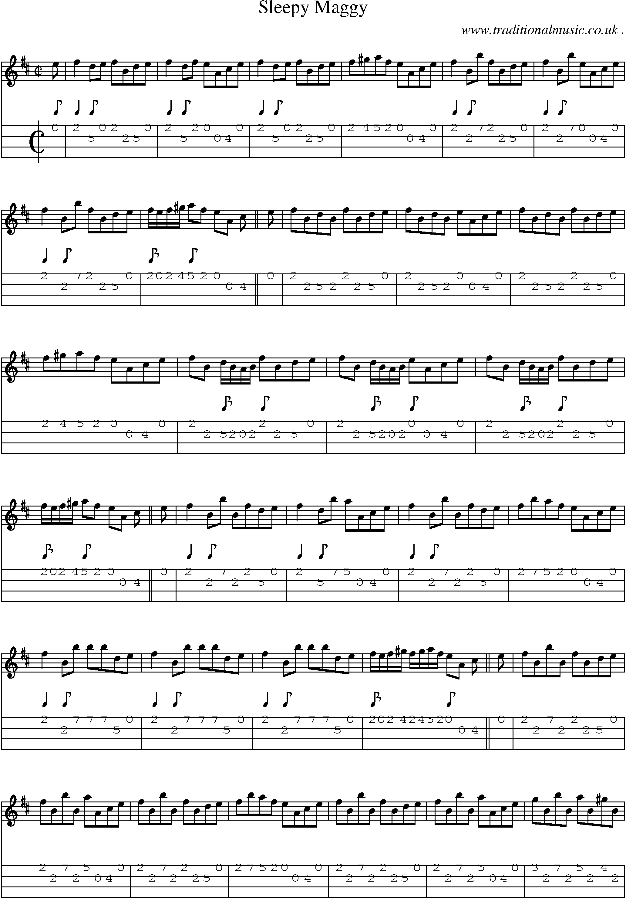 Sheet-music  score, Chords and Mandolin Tabs for Sleepy Maggy