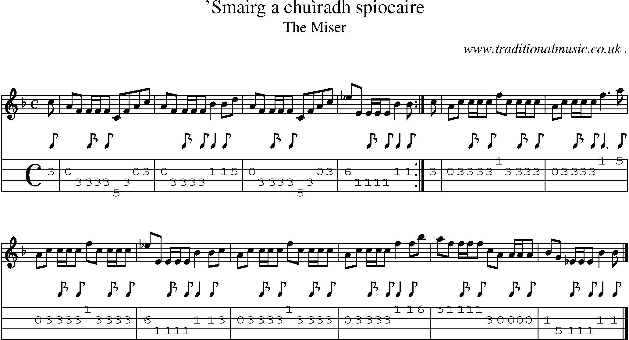 Sheet-music  score, Chords and Mandolin Tabs for Smairg A Chuiradh Spiocaire