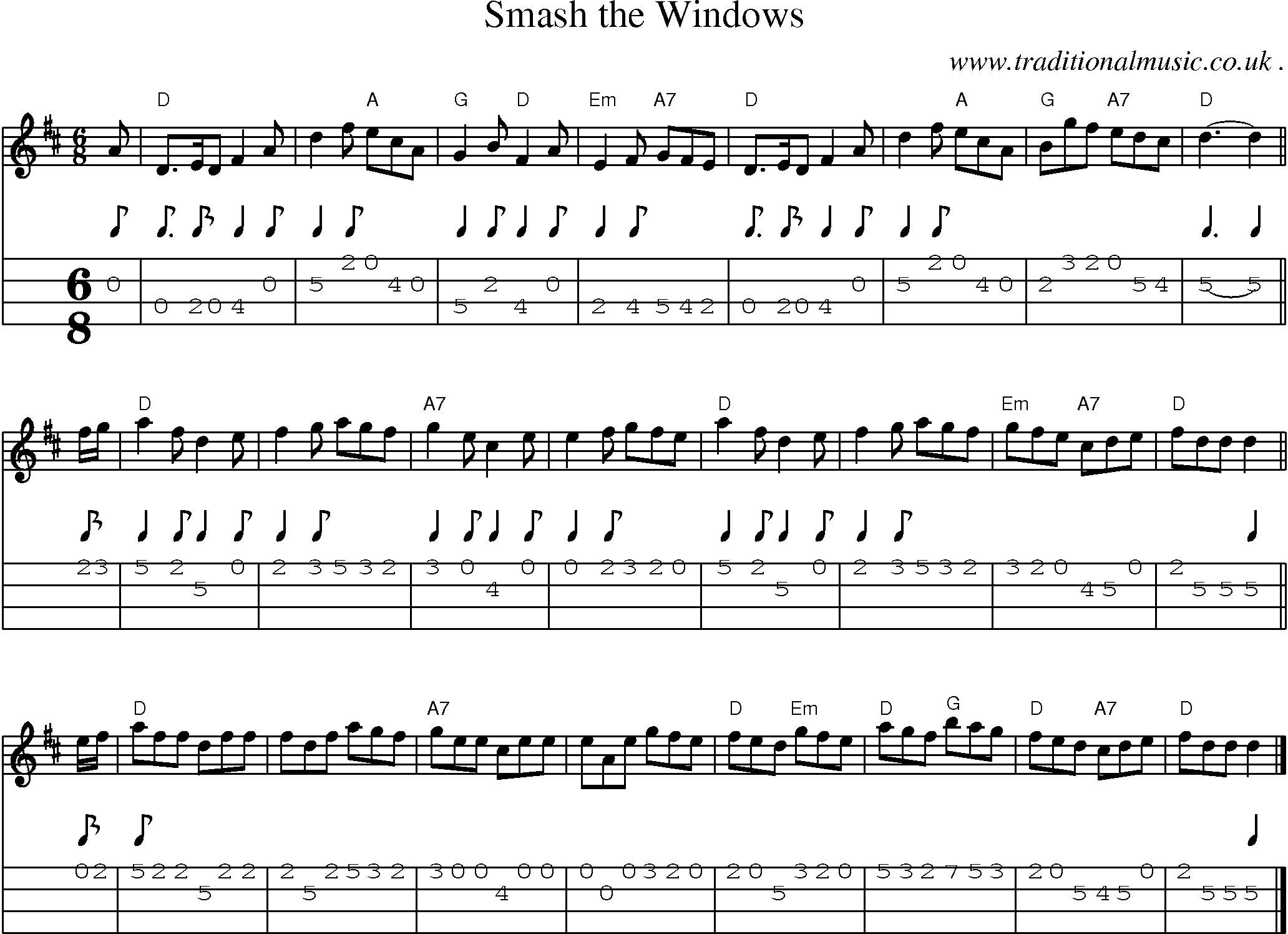 Sheet-music  score, Chords and Mandolin Tabs for Smash The Windows