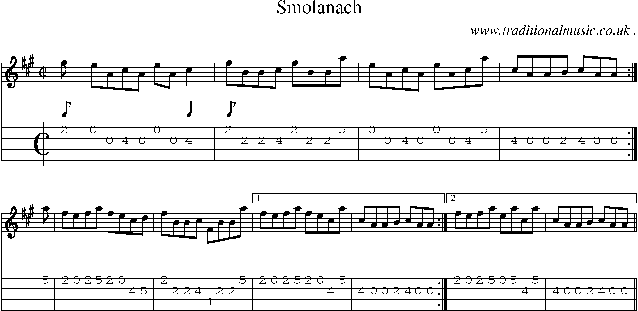 Sheet-music  score, Chords and Mandolin Tabs for Smolanach