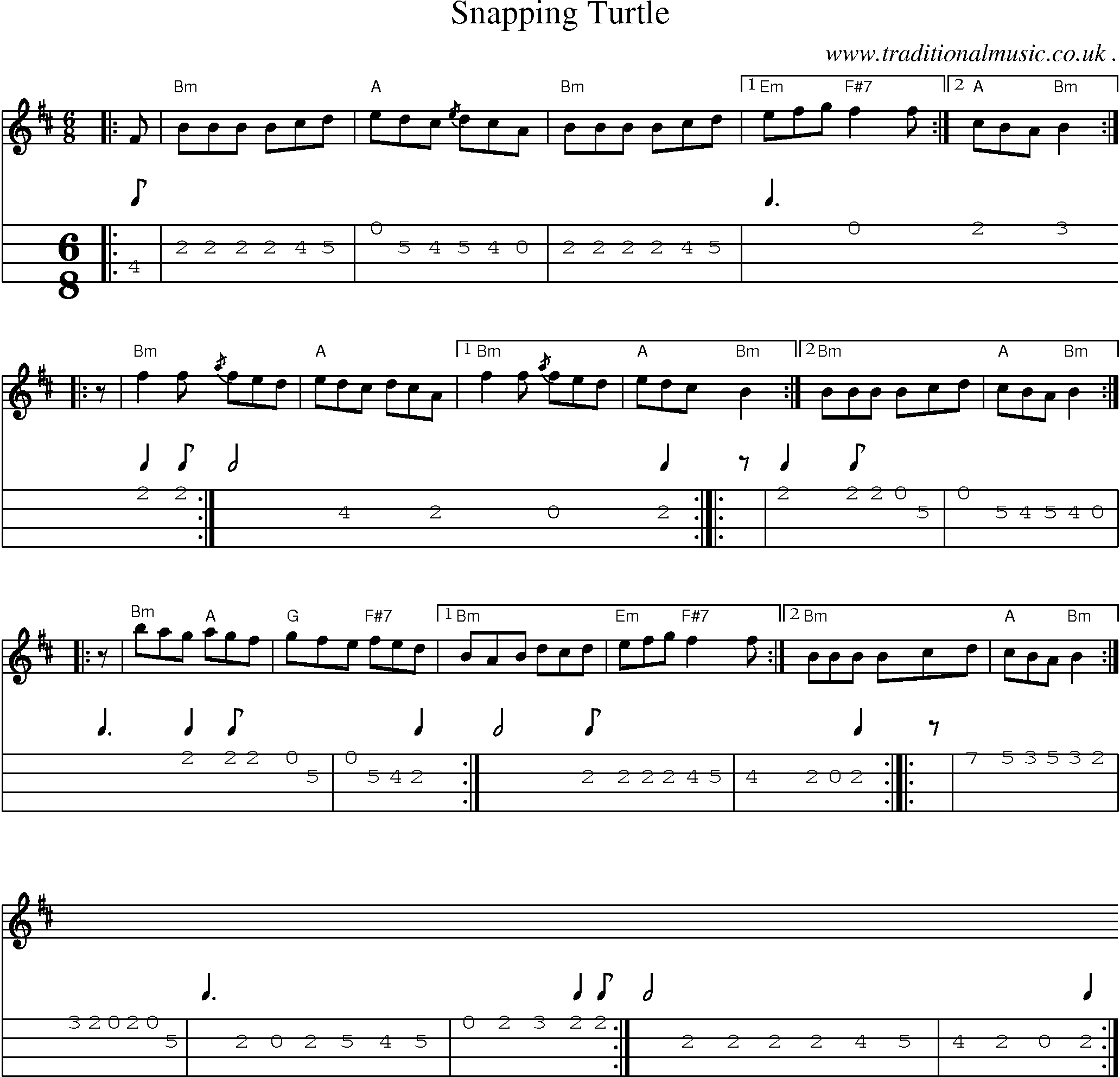Sheet-music  score, Chords and Mandolin Tabs for Snapping Turtle