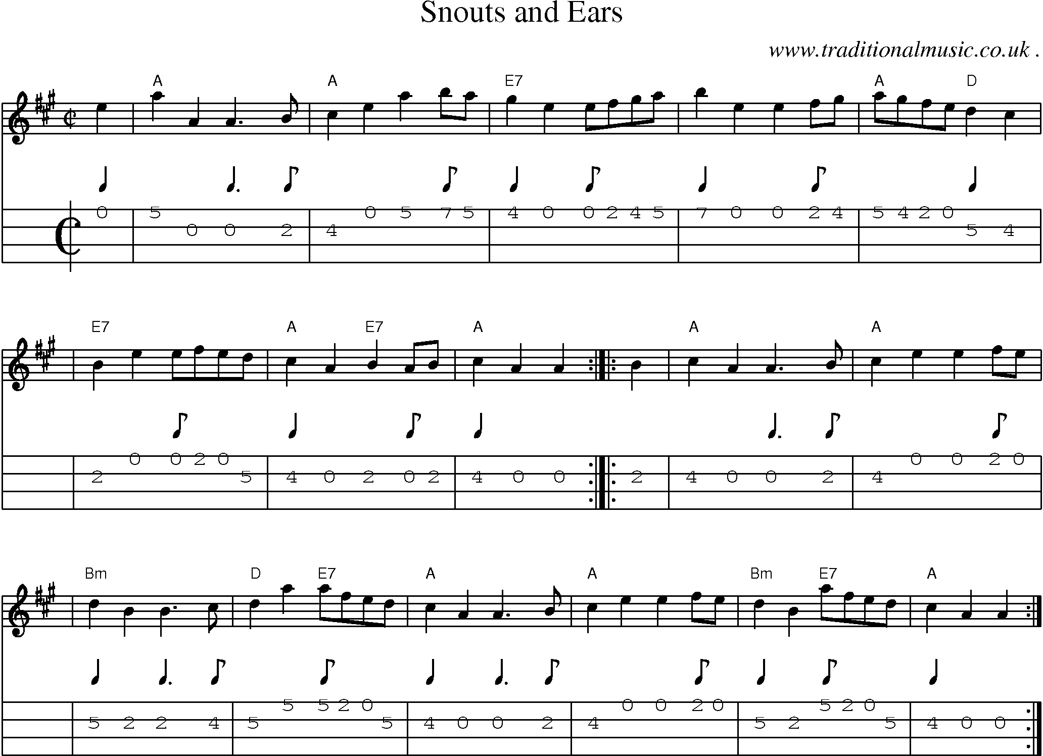 Sheet-music  score, Chords and Mandolin Tabs for Snouts And Ears