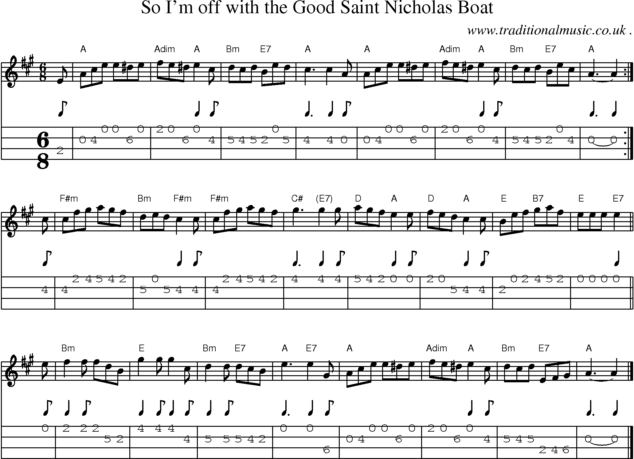 Sheet-music  score, Chords and Mandolin Tabs for So Im Off With The Good Saint Nicholas Boat