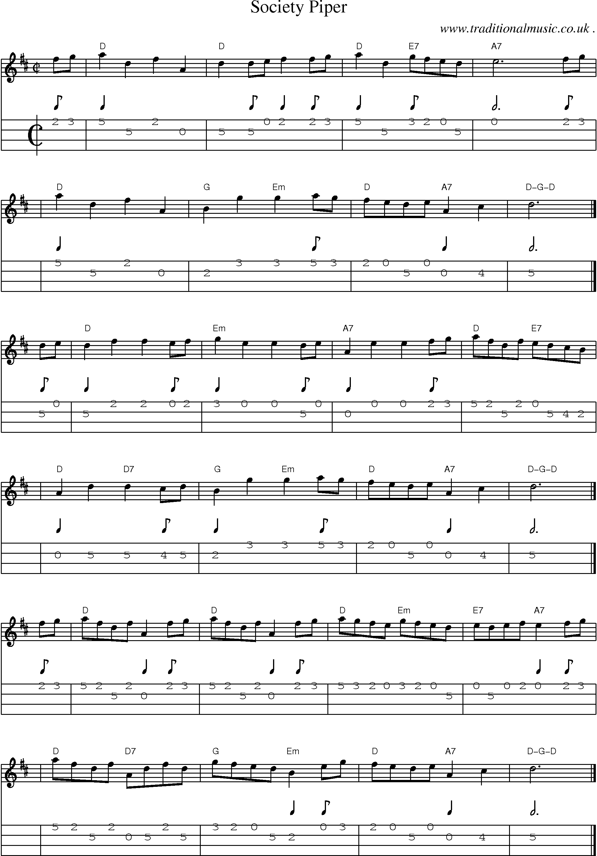 Sheet-music  score, Chords and Mandolin Tabs for Society Piper