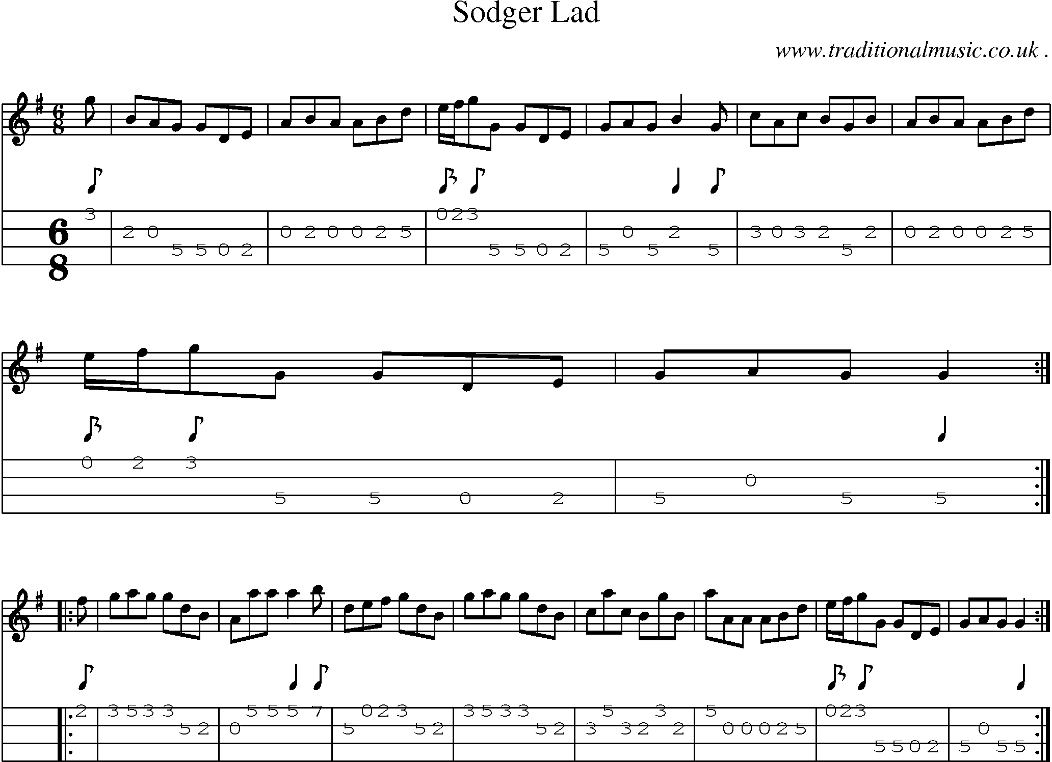 Sheet-music  score, Chords and Mandolin Tabs for Sodger Lad