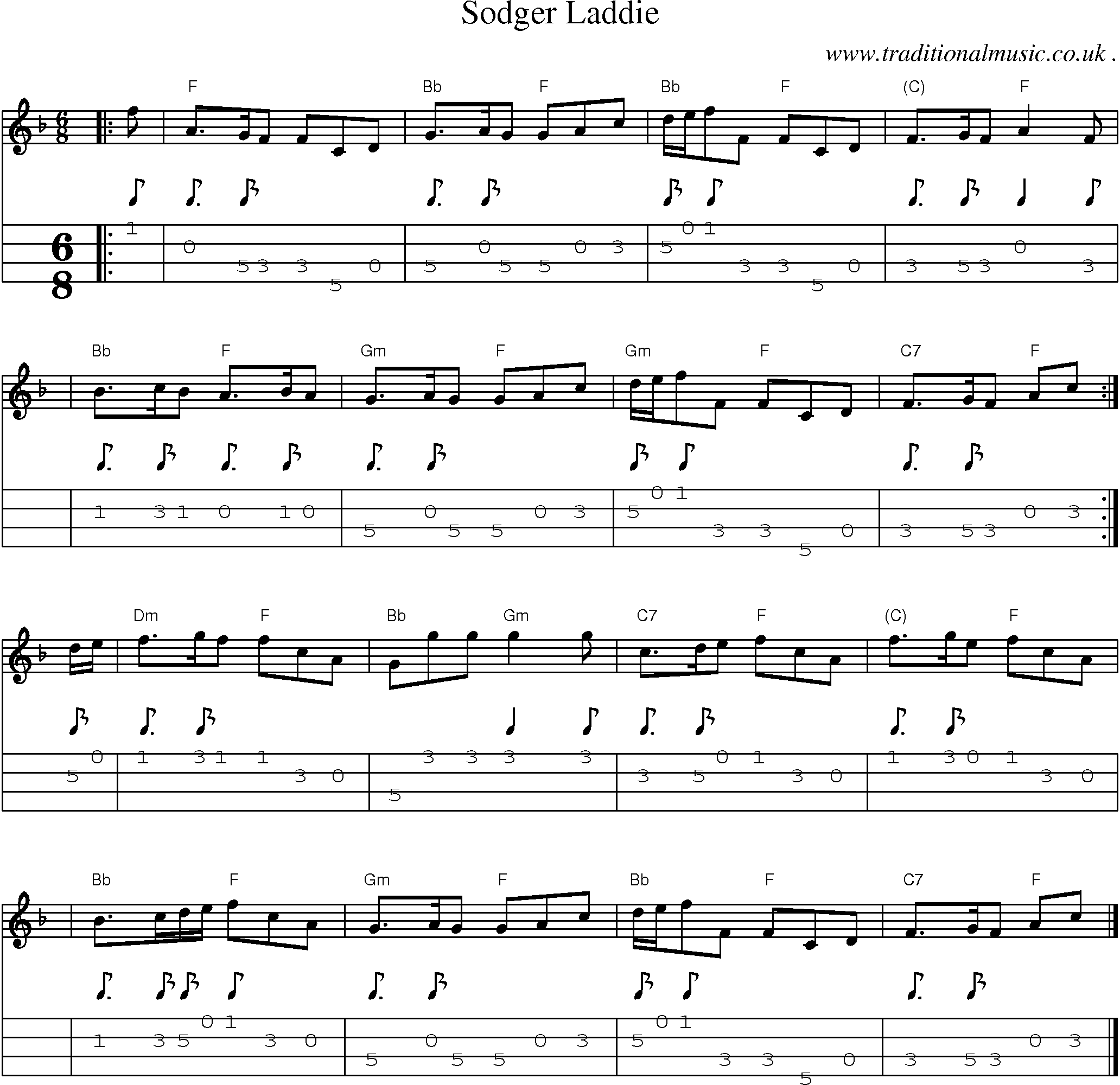 Sheet-music  score, Chords and Mandolin Tabs for Sodger Laddie