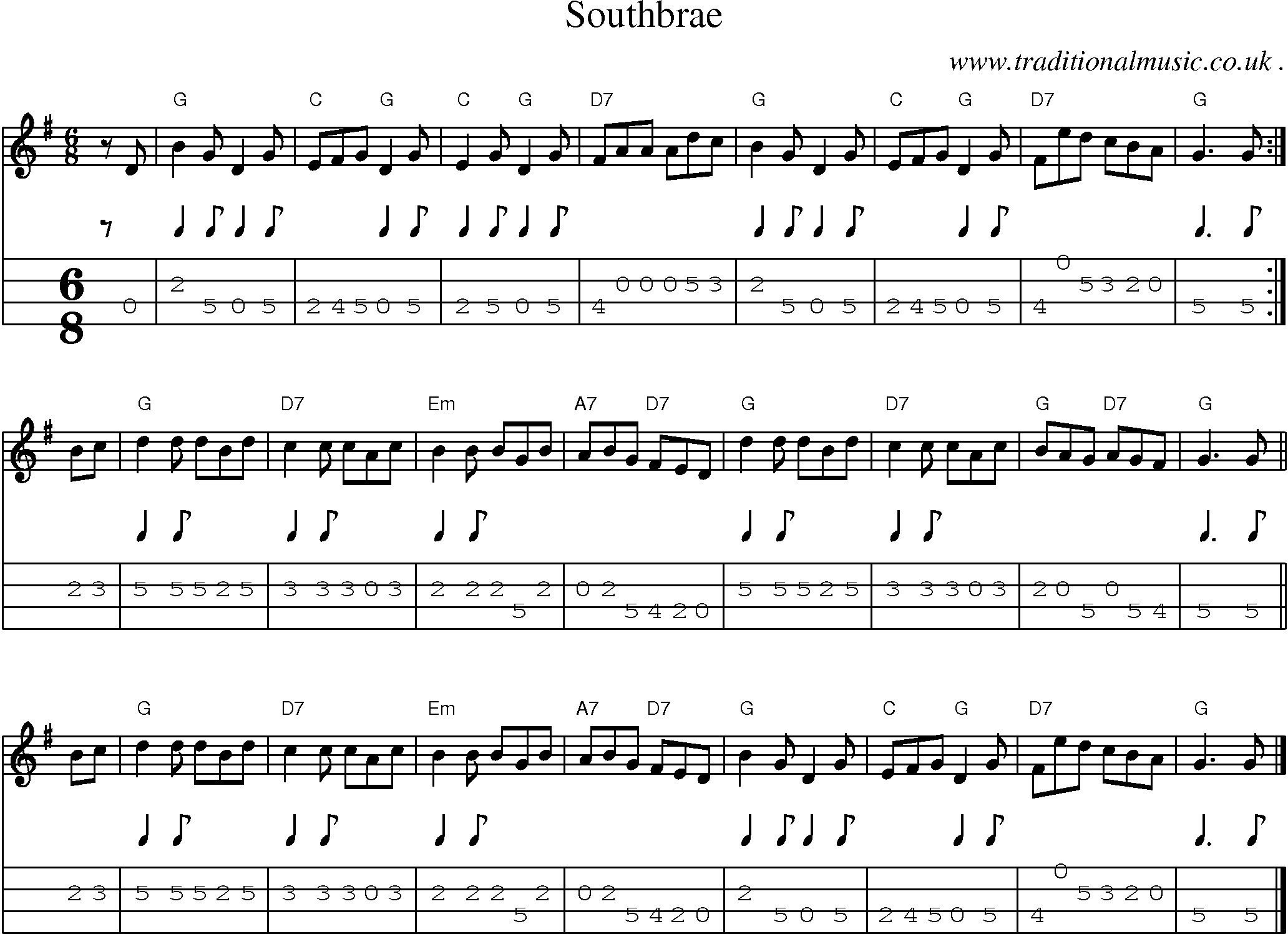Sheet-music  score, Chords and Mandolin Tabs for Southbrae